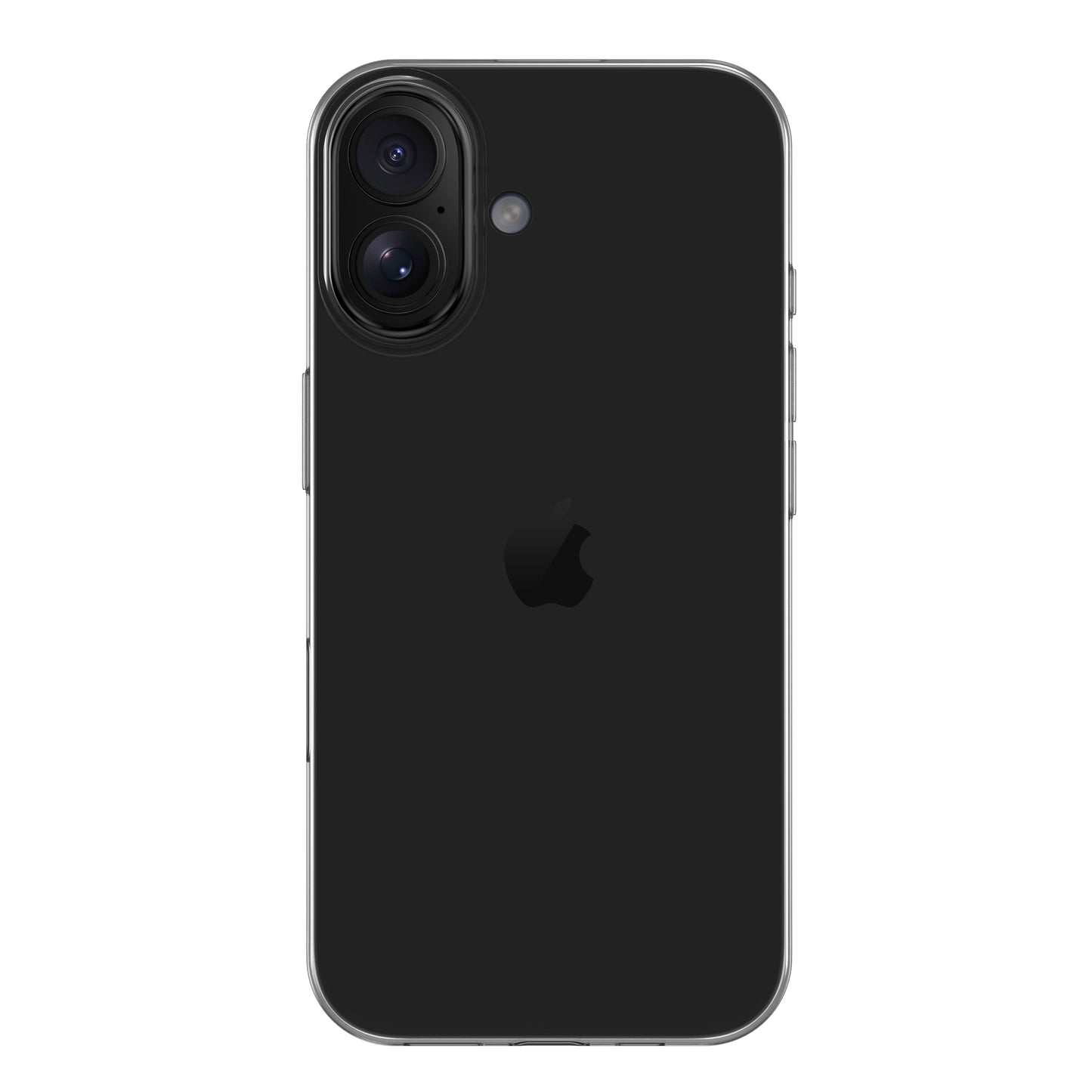 Das arktis iPhone 16 Air Case ultradünn von arktis ist eine ultradünne, stoßfeste Hülle für ein schwarzes iPhone mit Dual-Kamera und Blitz oben links. Das Telefon hat abgerundete Kanten, ein minimalistisches Design und das Apple-Logo mittig auf der Rückseite.