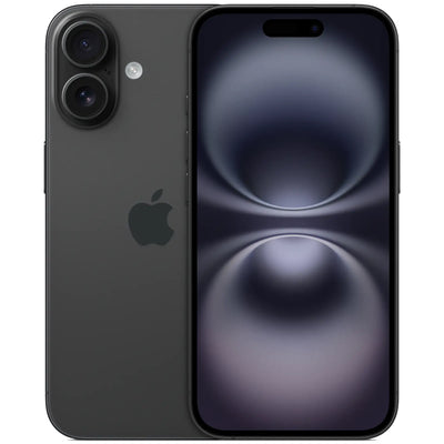 Ein schwarzes iPhone mit zwei Kameras auf der Rückseite, dem Apple-Logo und einem dunklen abstrakten Hintergrundbild auf dem Bildschirm.