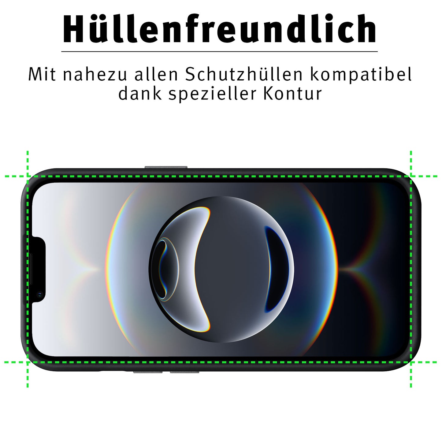 Das arktis iPhone 16e Displayschutz GLAS – hüllenfreundlich ist mit nahezu allen Schutzhüllen kompatibel dank spezieller Kontur und schützt den Bildschirm zuverlässig vor Kratzern. Im Bild grüner Punktrand, Text: „Hüllenfreundlich – Mit nahezu allen Schutzhüllen kompatibel.“.