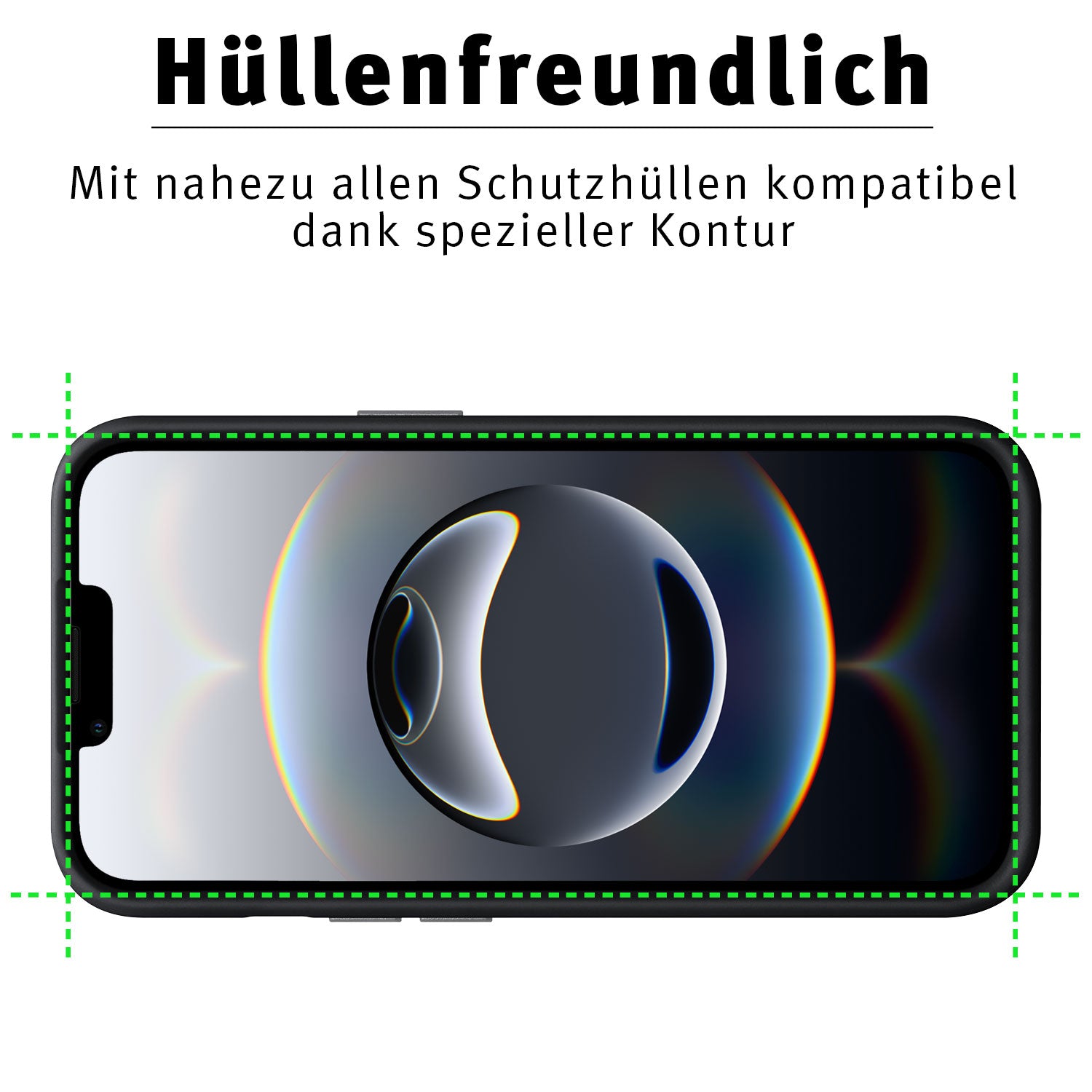 Das arktis iPhone 16e Displayschutz GLAS – hüllenfreundlich ist mit nahezu allen Schutzhüllen kompatibel dank spezieller Kontur und schützt den Bildschirm zuverlässig vor Kratzern. Im Bild grüner Punktrand, Text: „Hüllenfreundlich – Mit nahezu allen Schutzhüllen kompatibel.“.