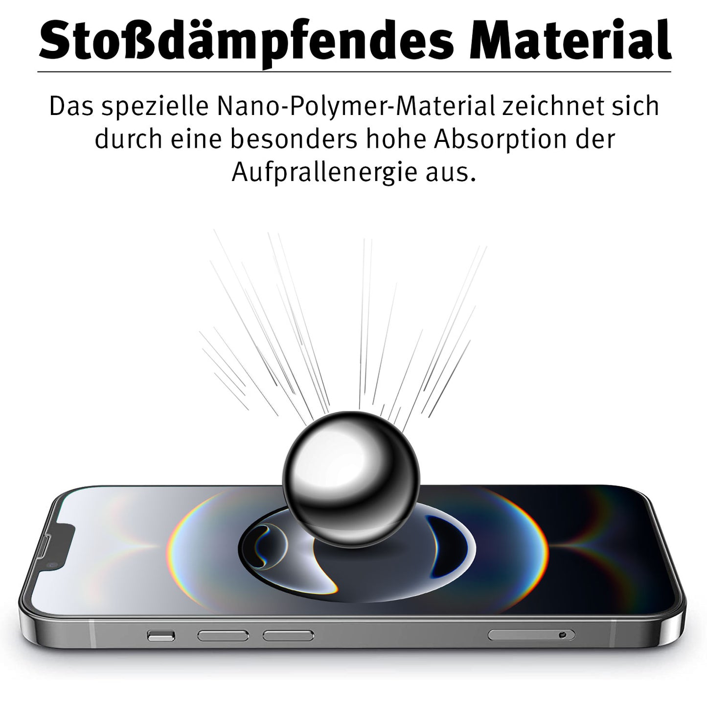 Eine Metallkugel trifft den Bildschirm und demonstriert den unzerbrechlichen Schutz der arktis iPhone 16e Schutzfolie HYBRID 3D Beastprotect Edition mit ihrer fortschrittlichen Nano-Polymer-Materialzusammensetzung.