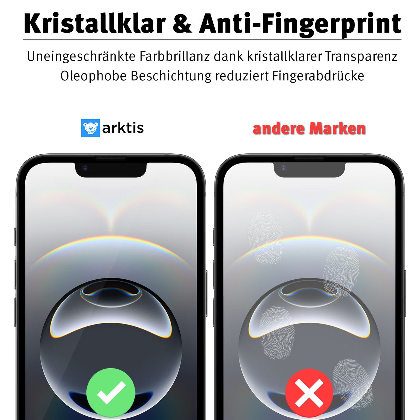 Der arktis iPhone 16e Displayschutz GLAS (hüllenfreundlich)-Bildschirm erscheint kristallklar und ist dank seiner oleophoben Schicht resistent gegen Fingerabdrücke, während Bildschirme anderer Marken sichtbare Schlieren aufweisen.