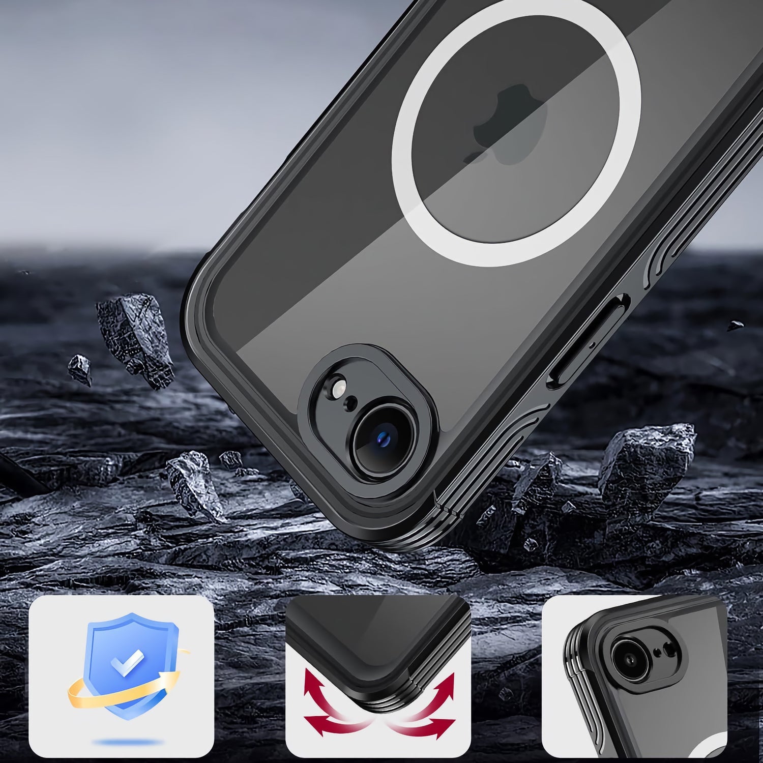 Das arktis iPhone 16e Wasserdichtes Actioncase von arktis ist ein robustes, schwarzes MagSafe-Case mit IP68-Schutzstandard und stoßfestem Gehäuse für maximalen Schutz.