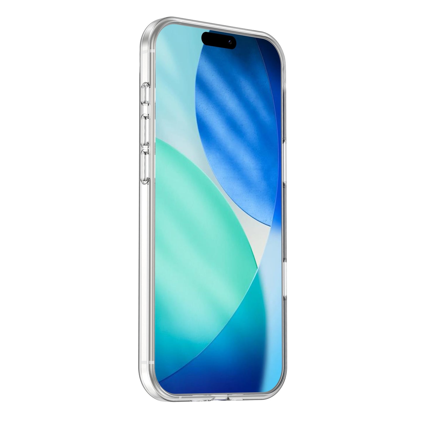 Ein arktis iPhone 17 Air Invisible Air Case auf einem Smartphone, das ein blaues und blaugrünes abstraktes Hintergrundbild zeigt.