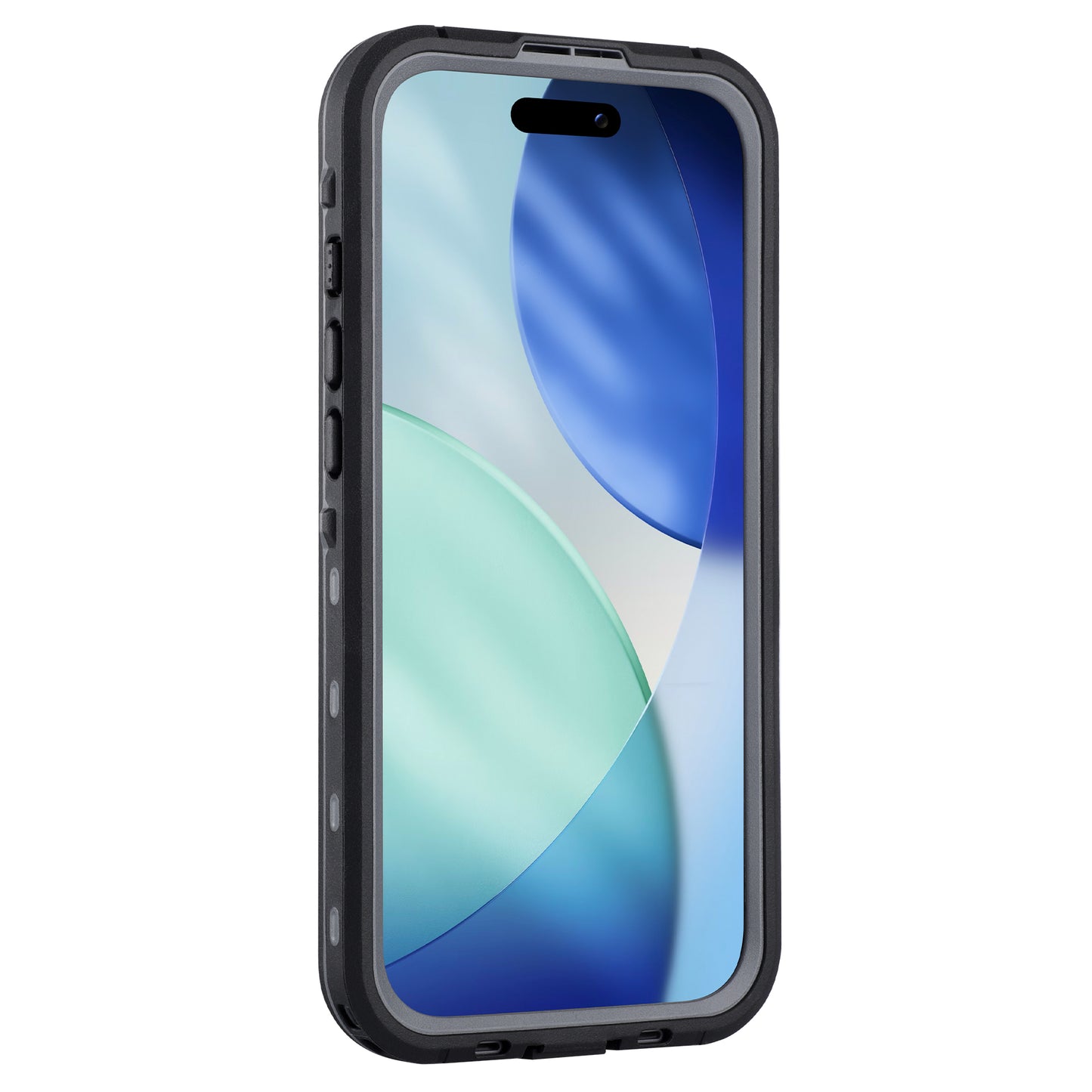 Das arktis iPhone 17 Air Wasserdichtes Actioncase von arktis in schwarz bietet Schutz nach IP68; abgebildet auf einem iPhone 17 Air mit abstrakten blauen und grünen Formen auf dem Display.