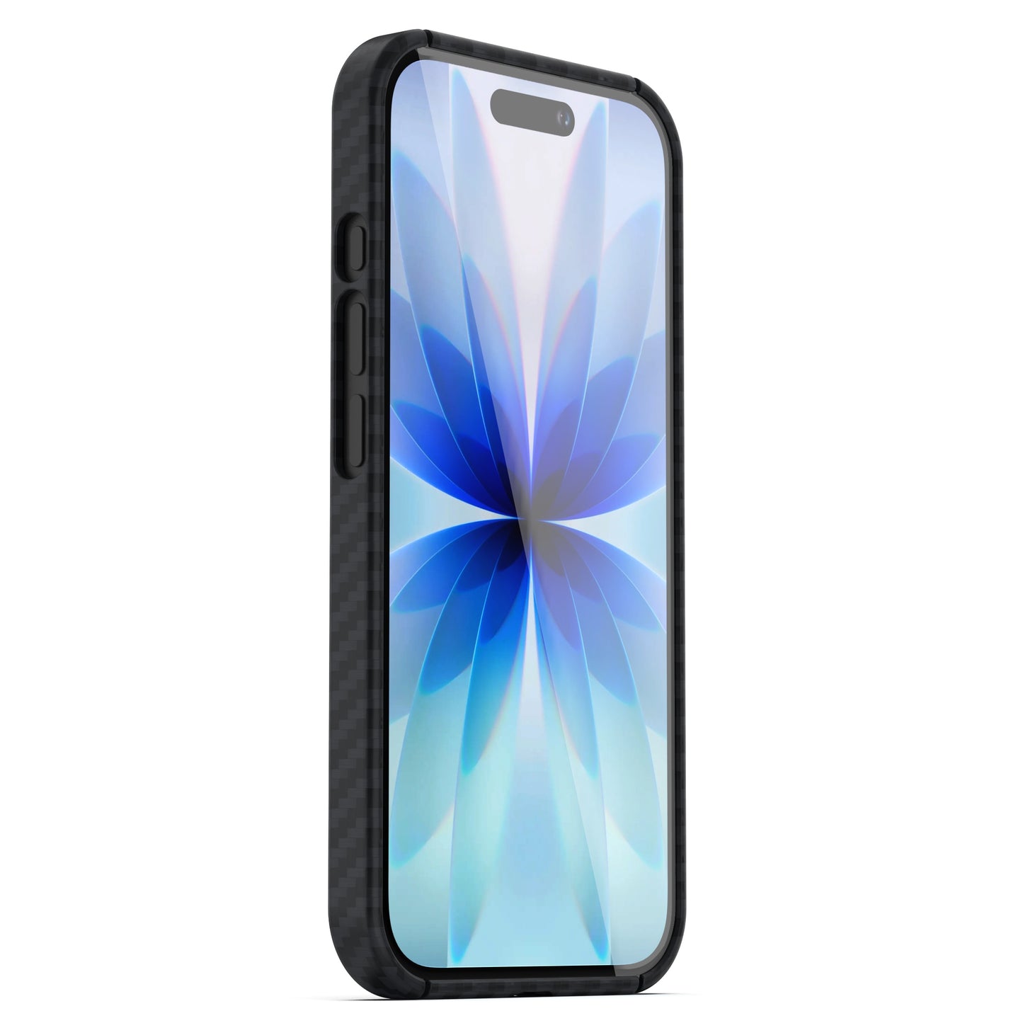 Das arktis iPhone 17 Carbon Case von arktis ist auf einem iPhone 17 Pro mit MagSafe-Kompatibilität abgebildet. Es hat ein schwarzes, strukturiertes Äußeres und ein Display mit einem blauen, abstrakten Blumenmuster, von der Seite betrachtet.