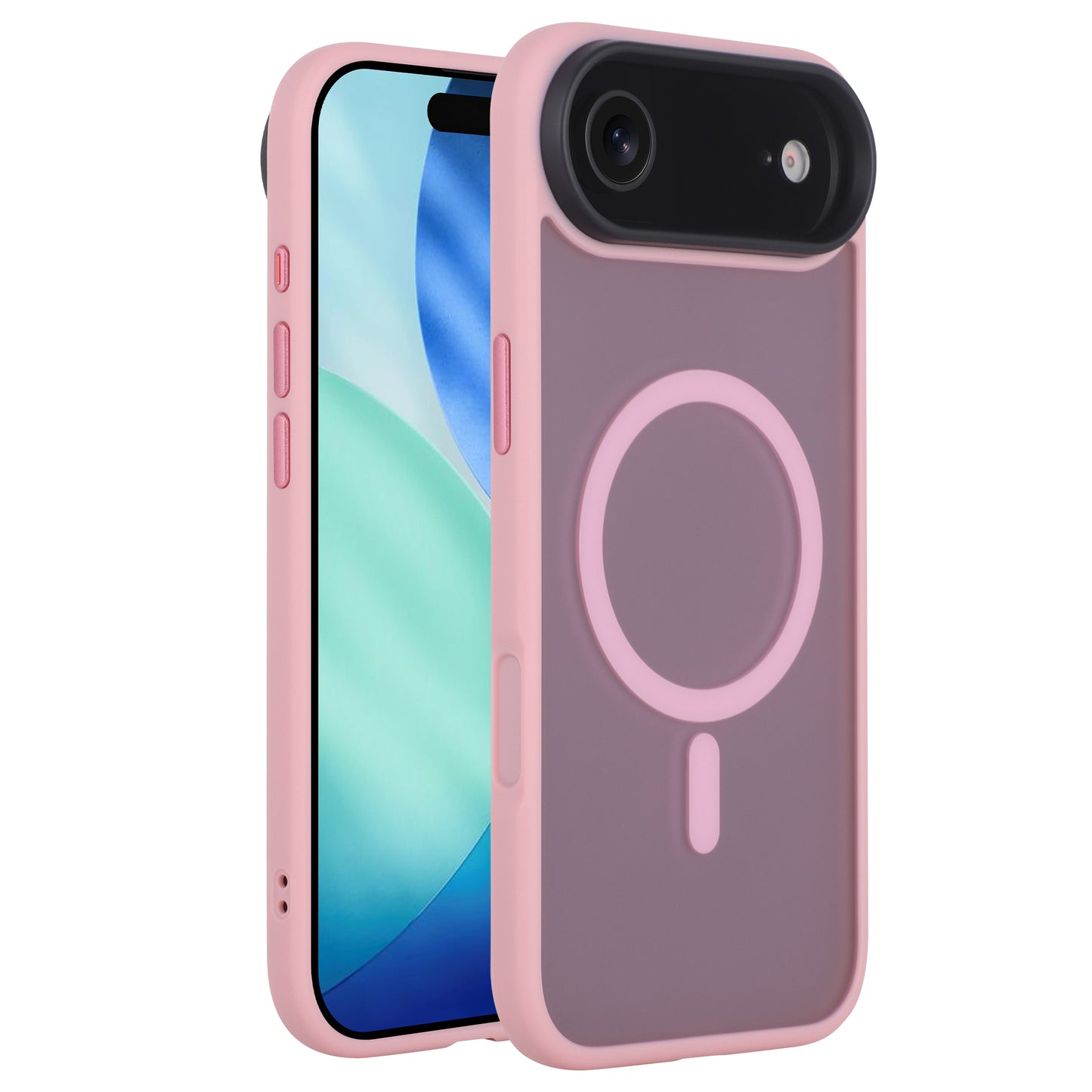 Zwei iPhones in mattrosa und grauen Arktis iPhone 17 Air Solid Cases, mit kreisförmigen MagSafe-Ringen auf der Rückseite und sichtbaren Kameras.