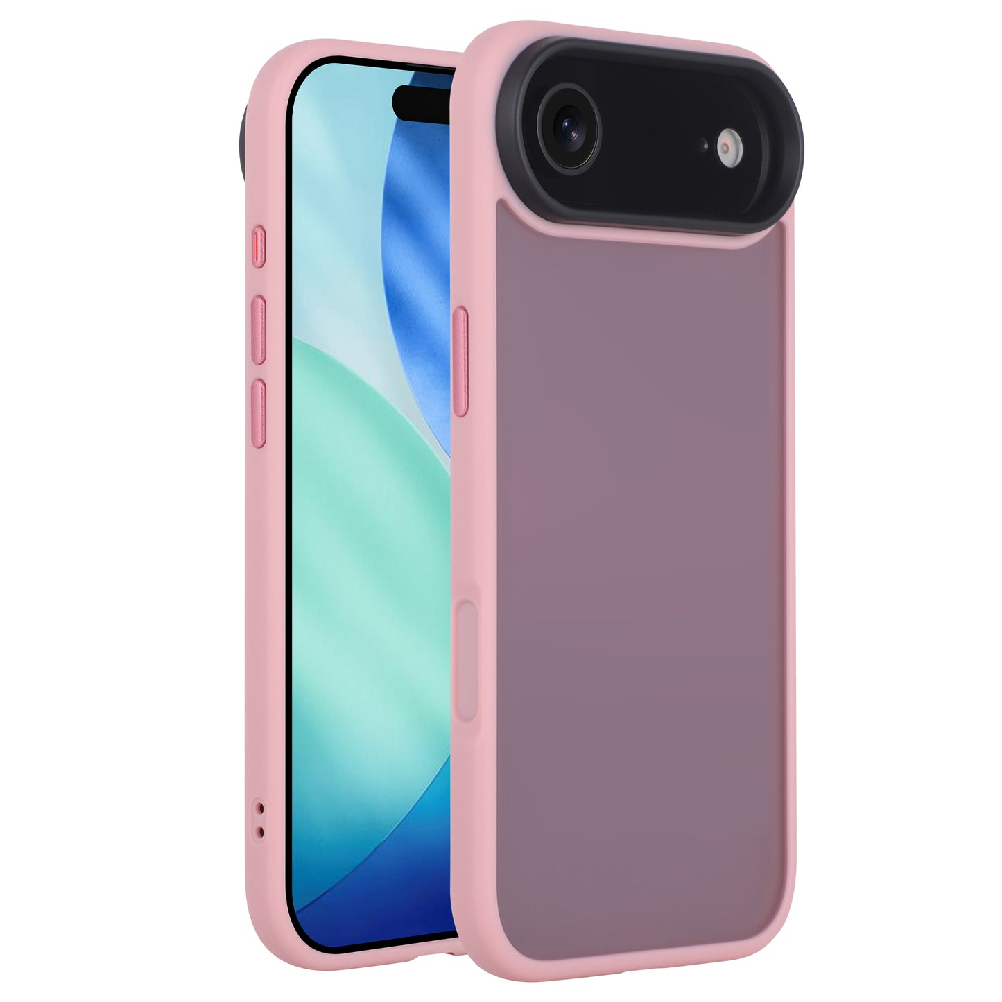 Das Arktis iPhone 17 Air Solid Case hat eine matte rosa Oberfläche mit einem schwarzen Kamerabereich. Auf dem Display sind abstrakte blaue und grüne Formen abgebildet. Idealer Schutz für Ihr iPhone 17 Air von Arktis.