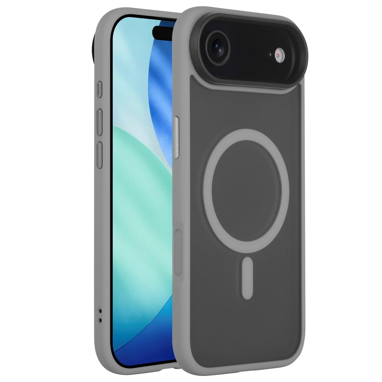 Zwei Smartphones: Auf dem einen ist der Bildschirm zu sehen, auf dem anderen ein Arktis arktis iPhone 17 Air Solid Case mit einem runden Design auf der Rückseite.