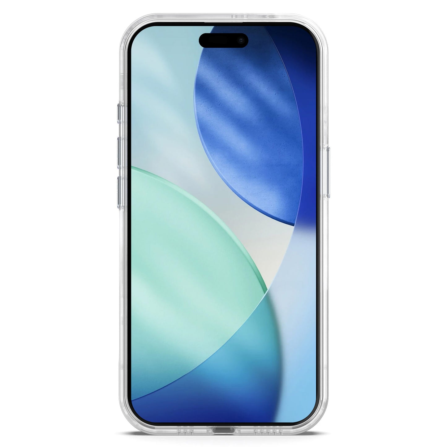 Ein Smartphone in der arktis iPhone 17 Clear Case mit MagSafe von arktis, mit MagSafe-Kompatibilität, zeigt ein blau-grünes abstraktes Wallpaper auf dem Display.