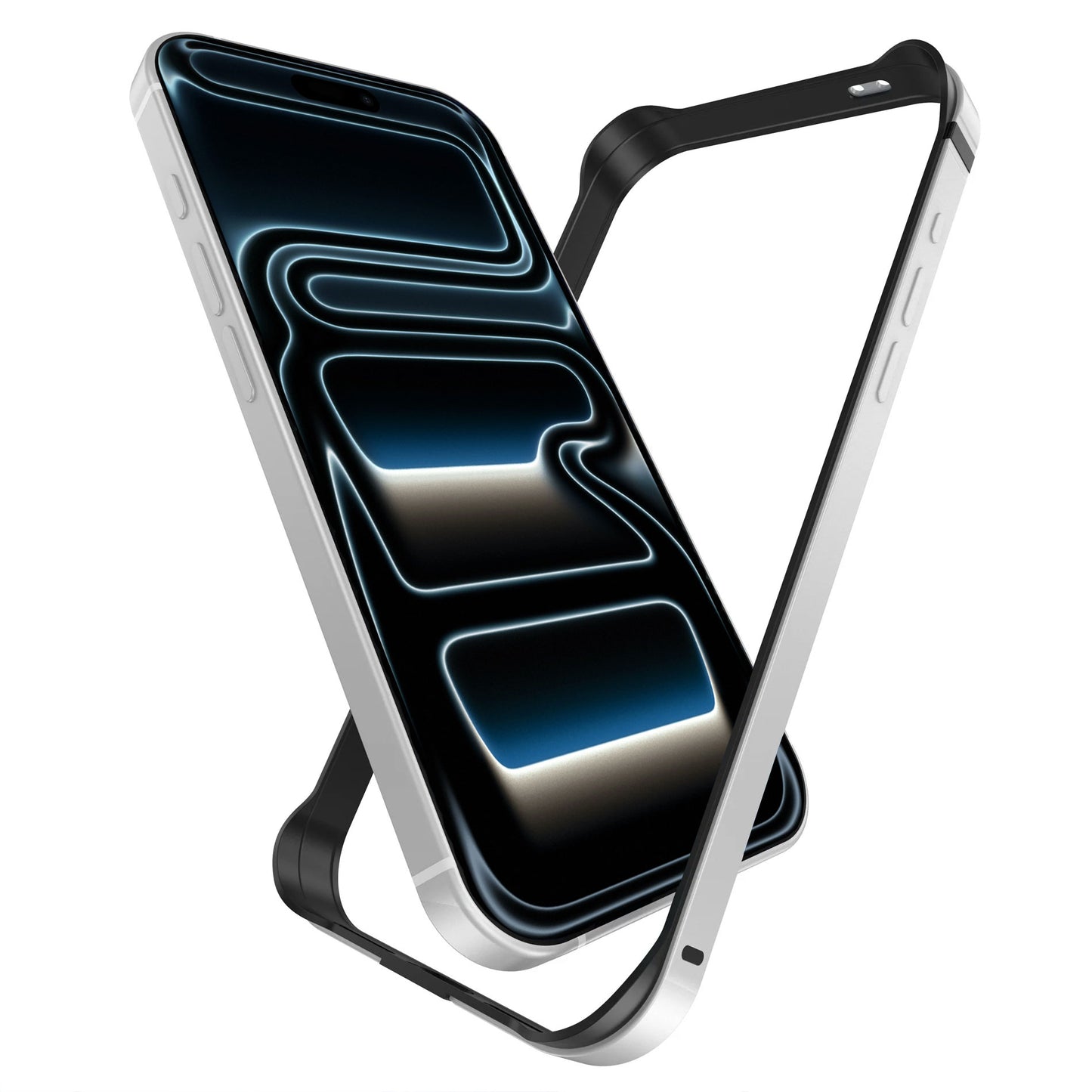 Ein Smartphone mit leuchtendem, abstraktem Bildschirm und ein arktis iPhone 17 Pro Max Bumper von arktis aus schwarzem und silbernem Aluminium-TPU, der für ultimativen Schutz und Unterstützung für kabelloses Laden daneben schwebt.