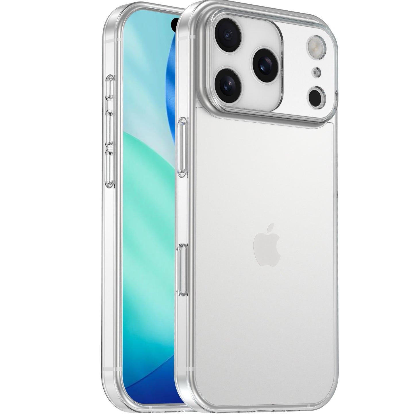 Das arktis iPhone 17 Pro Invisible Air Case von arktis ist eine transparente TPU-Hülle, die auf einem silbernen Gerät mit drei rückwärtigen Kameras und einem blau-grünen Bildschirm abgebildet ist. Sie bietet stilvollen, stoßfesten Schutz und bringt gleichzeitig das ursprüngliche Design Ihres Telefons zur Geltung.