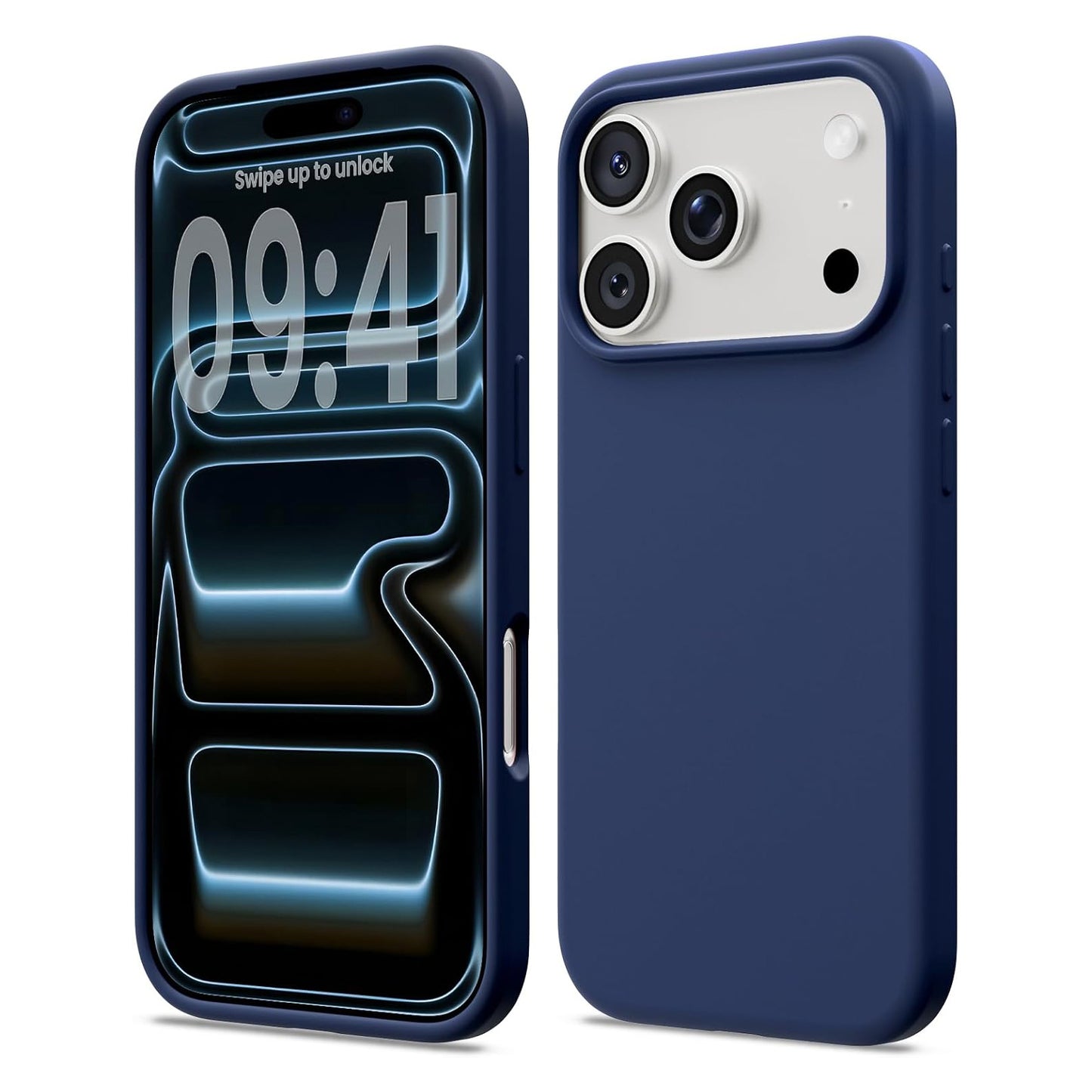 Das arktis iPhone 17 Pro Max Silikon Case in schlichtem Blau, mit dem lebendigen Frontdisplay und der dreifachen Kamerarückseite. Unterstützt kabelloses Laden für ultimativen Komfort. Marke: arktis.