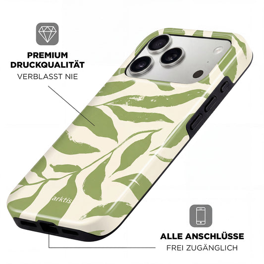 Die arktis iPhone 17 Pro Max Hülle - Botanic überzeugt mit grünem und cremefarbenem Blattmuster, stoßabsorbierendem TPU-Silikon, hochwertigem Druck, präzisen Aussparungen und MagSafe-Kompatibilität. Von arktis.