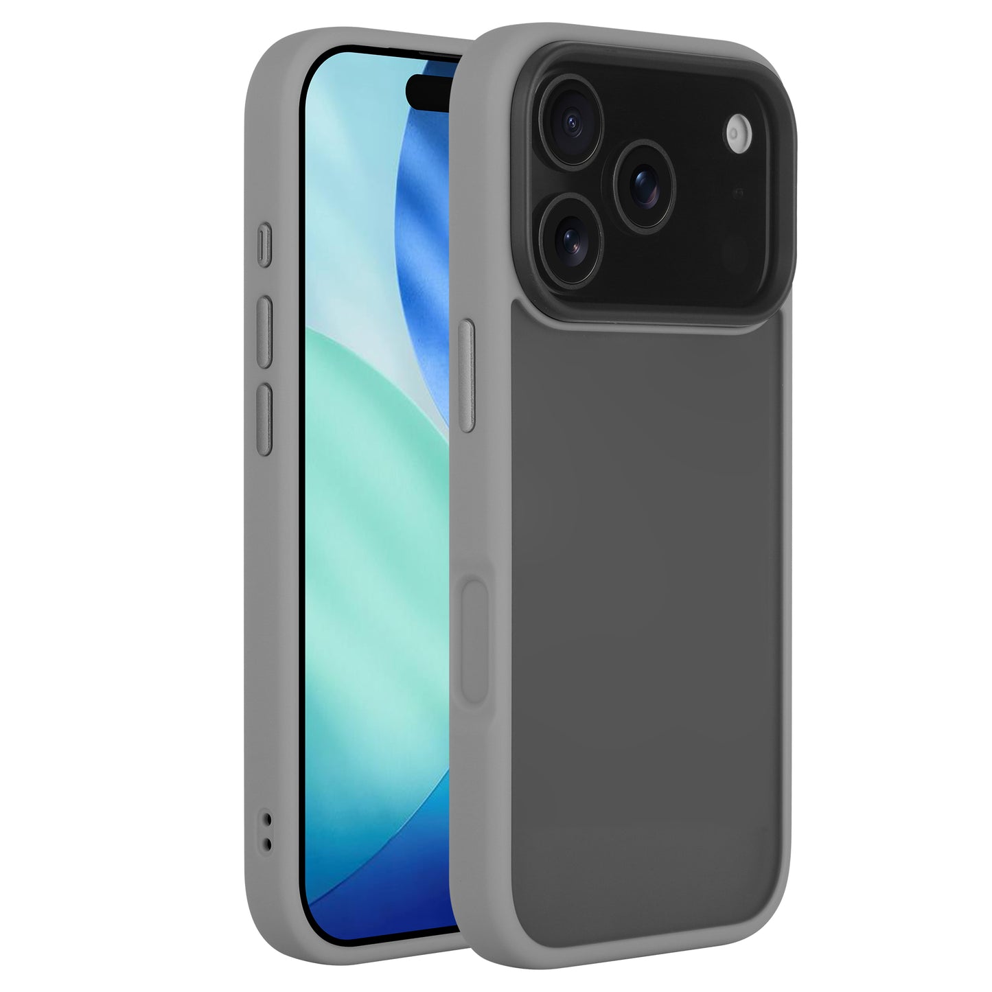 Das Arktis iPhone 17 Pro Solid Case von Arktis, das auf einem iPhone 17 Pro abgebildet ist, das sowohl das vordere Display als auch die hintere Kameraseite zeigt, zeichnet sich durch eine glatte, matte Oberfläche aus und steht vor einem weißen Hintergrund.