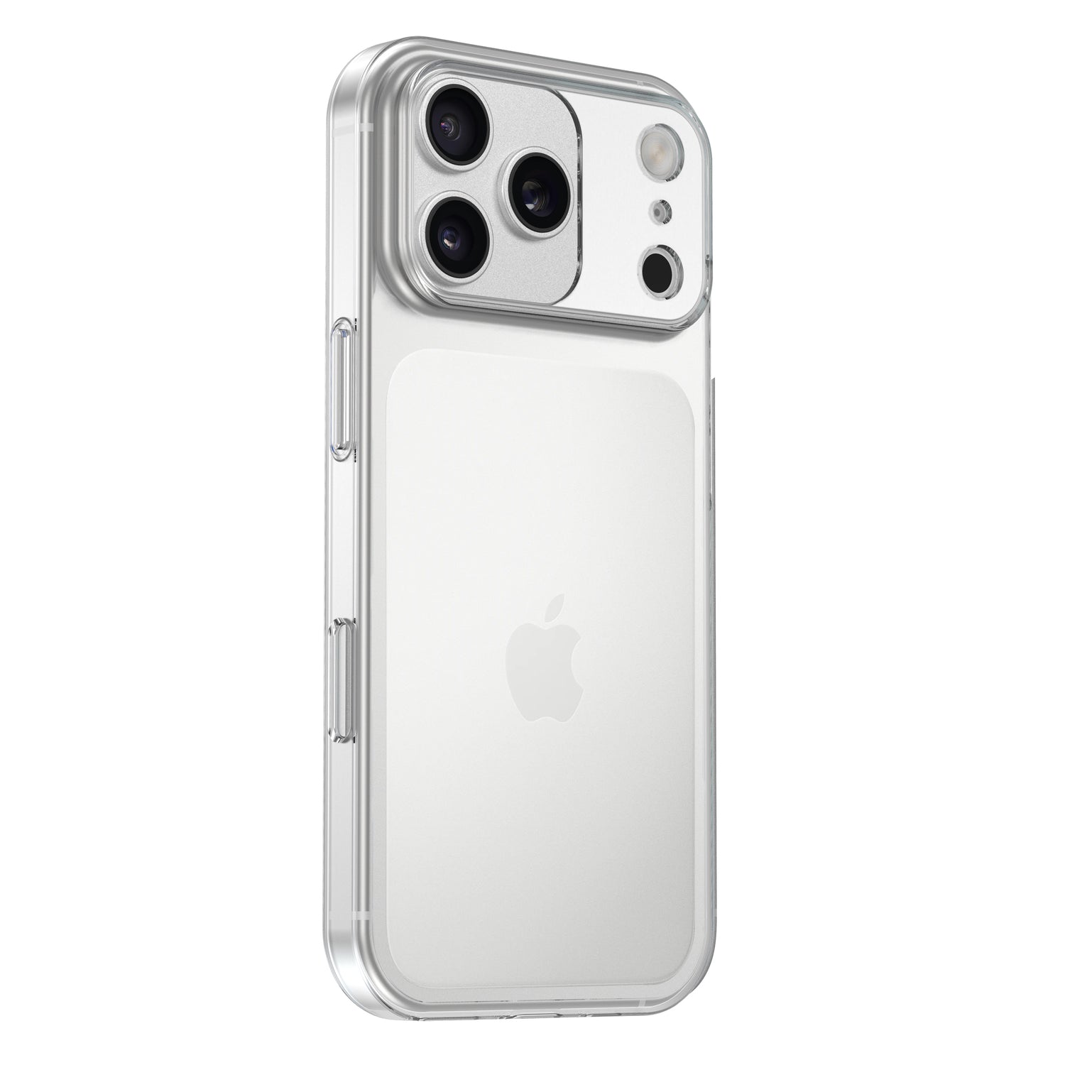 Das arktis iPhone 17 Pro Max Invisible Case schützt Ihr silbernes iPhone mit Triple-Kamera stoßfest und elegant, ohne das Apple-Logo oder Design zu verdecken.
