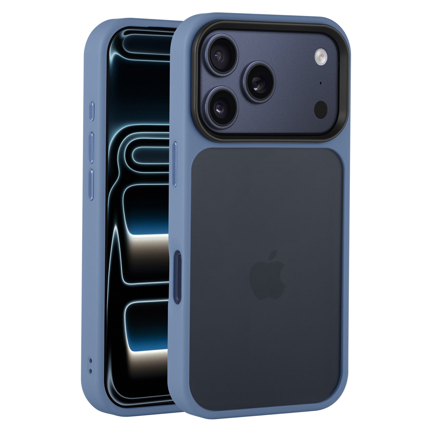 Ein Arktis iPhone 17 Pro Solid Case in blauem, mattem Finish wird auf einem Telefon gezeigt, bei dem sowohl die rückseitigen Kameras als auch der Bildschirm (eingeschaltet) sichtbar sind.
