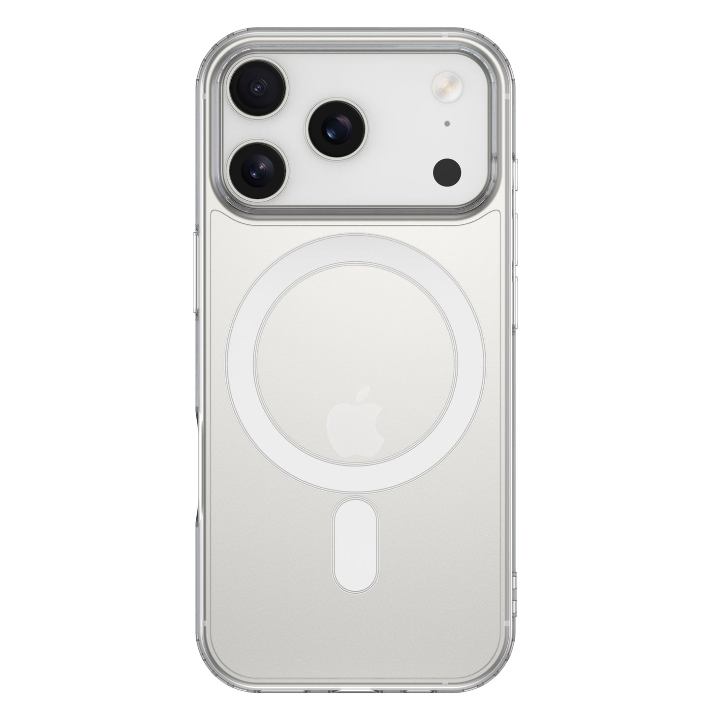 Die arktis iPhone 17 Pro Max PureCase mit MagSafe von arktis ist eine transparente Hülle, die das Apple-Logo und den Magnetring sichtbar lässt - perfekt für Ihr silbernes iPhone mit drei Kameras.