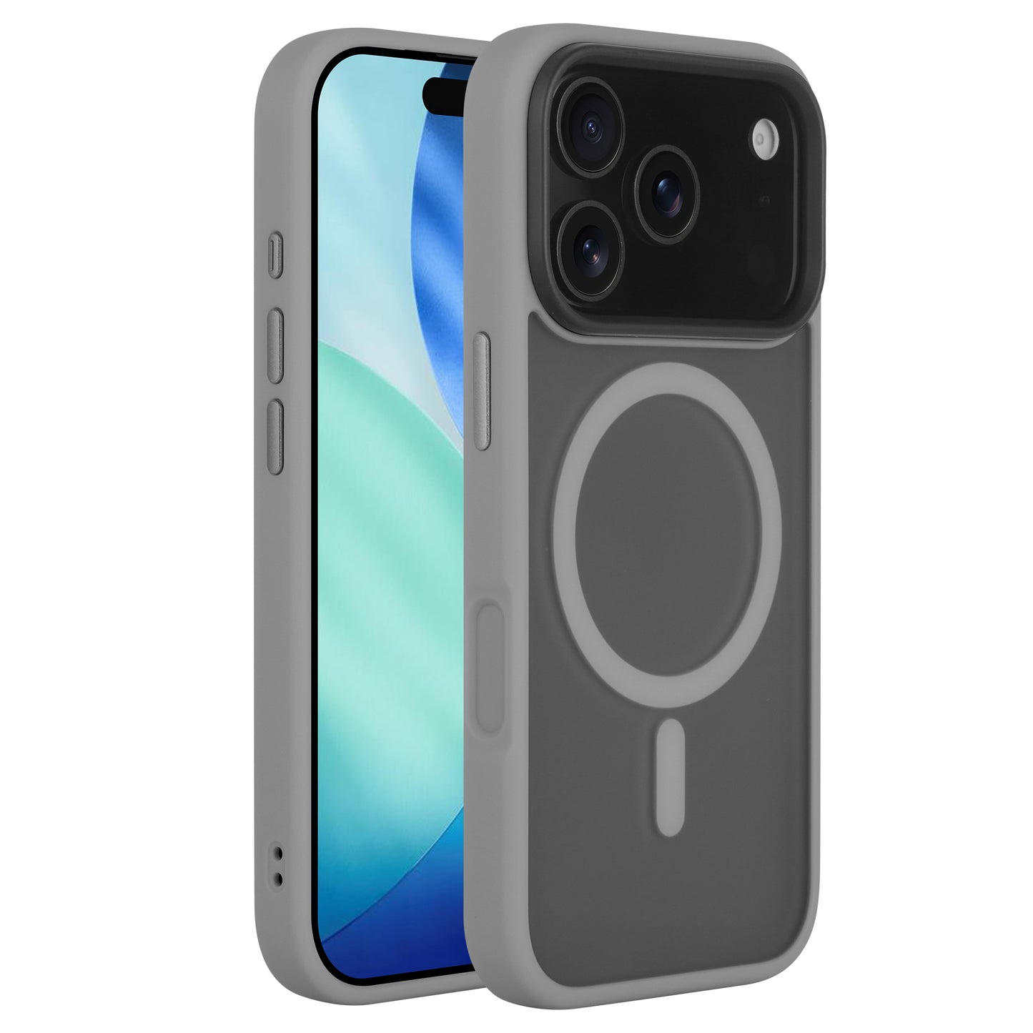 Die arktis iPhone 17 Pro Solid Case von Arktis in Mattgrau mit MagSafe-Ring wird als Schutzhülle am Smartphone aus Vorder- und Rückansicht gezeigt.