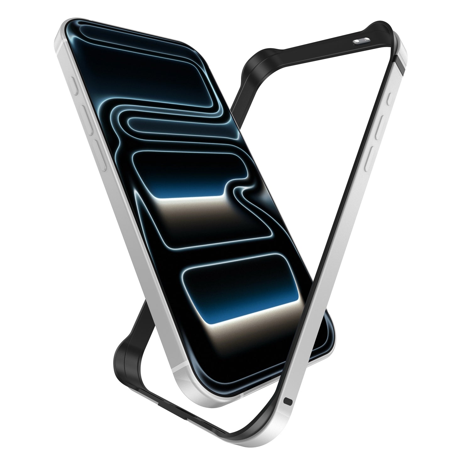 Der arktis iPhone 17 Pro Bumper von arktis zeigt ein leuchtendes, abstraktes Smartphone-Display und eine schlanke, ultraleichte Aluminium-TPU-Silikonhülle, die sich um das Display legt.