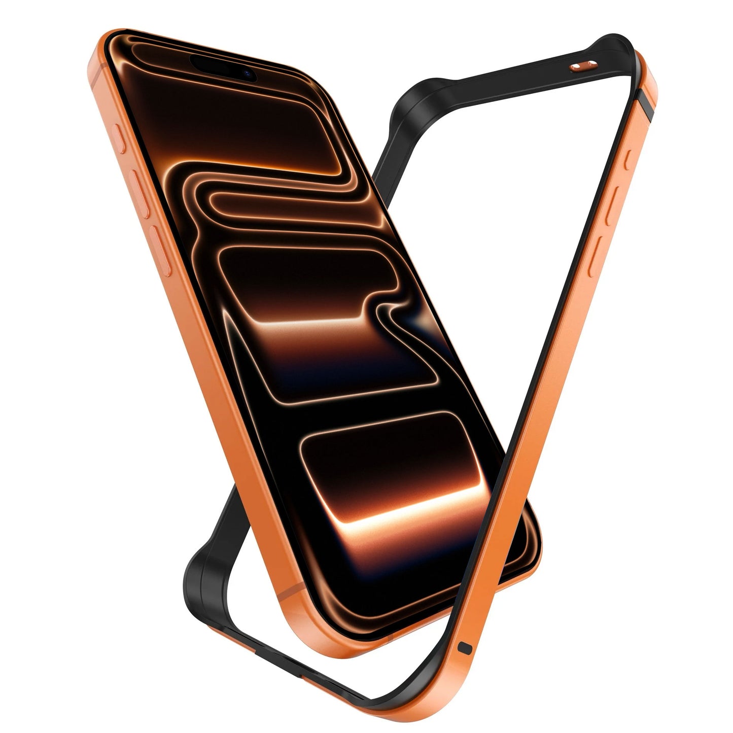 Der arktis iPhone 17 Pro Max Bumper in orange besteht aus strapazierfähigem Aluminium TPU, unterstützt kabelloses Laden und wird mit einem abstrakten orange-schwarzen Lichtmuster auf dem Bildschirm dargestellt.