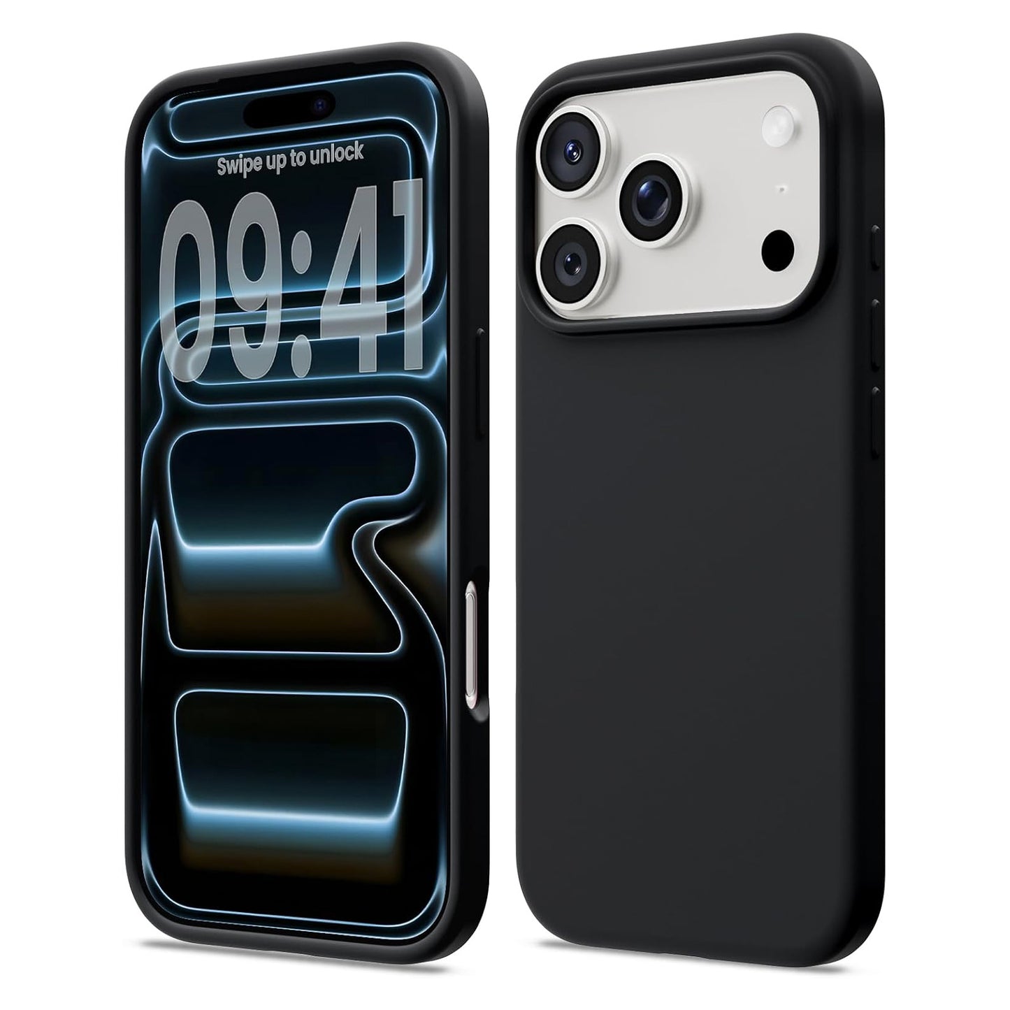 Das arktis iPhone 17 Pro Max Silikon Case in Schwarz ist auf der Vorder- und Rückseite abgebildet und verfügt über eine Digitaluhr auf dem Display - ideal für kabelloses Laden und maximalen Schutz.