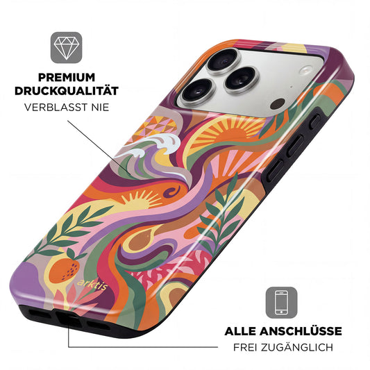 Die arktis iPhone 16e Hülle - Summer von arktis ist ein farbenfrohes TPU-Silikon Case mit abstrakten, wellenförmigen Designs, hochwertiger Druckqualität, offenen Ports und MagSafe-Kompatibilität - ideal für dein iPhone 16e.