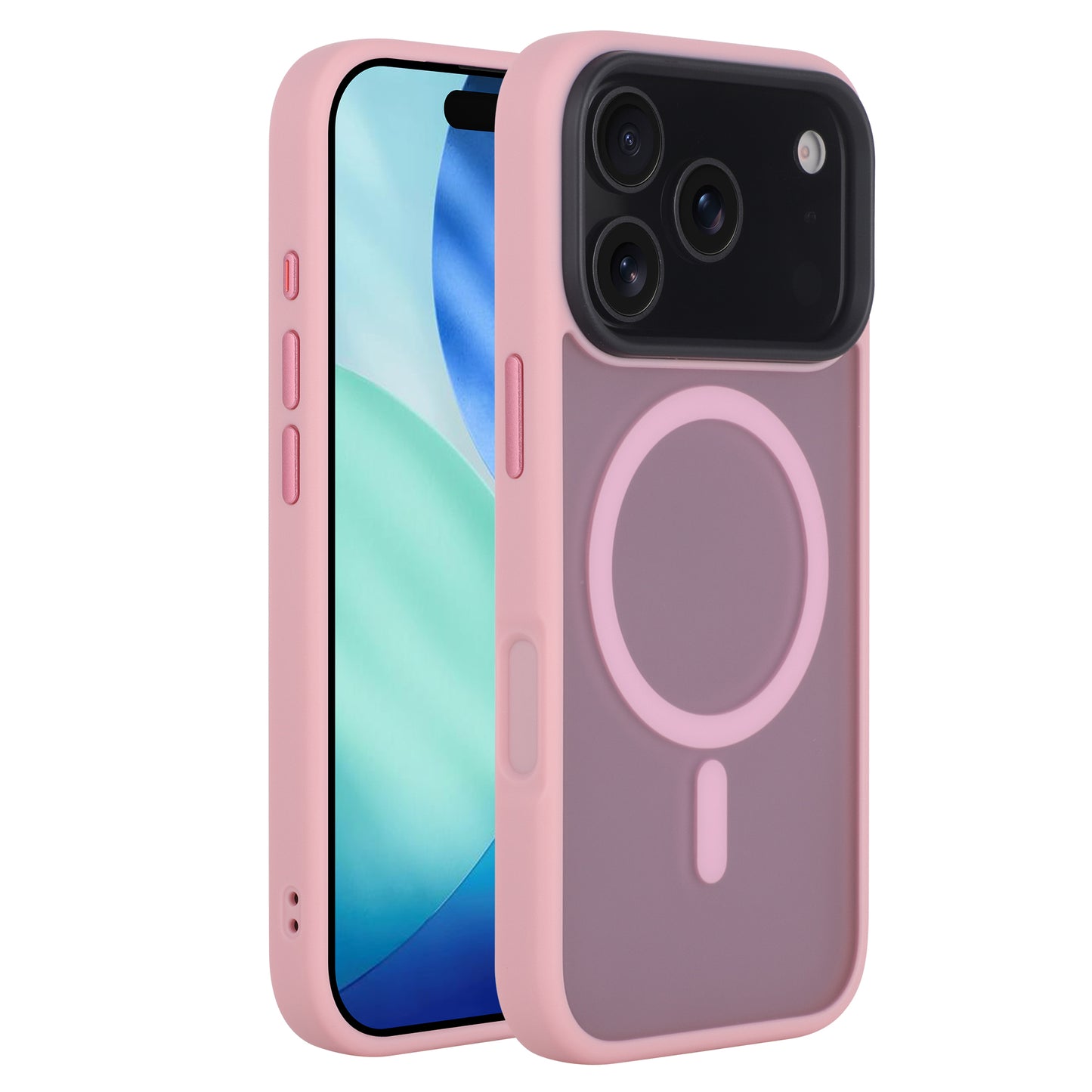 Zwei arktis iPhone 17 Pro Solid Cases von Arktis in mattrosa und grau, mit Kamera und MagSafe Ring, abgebildet auf einem iPhone und separat.