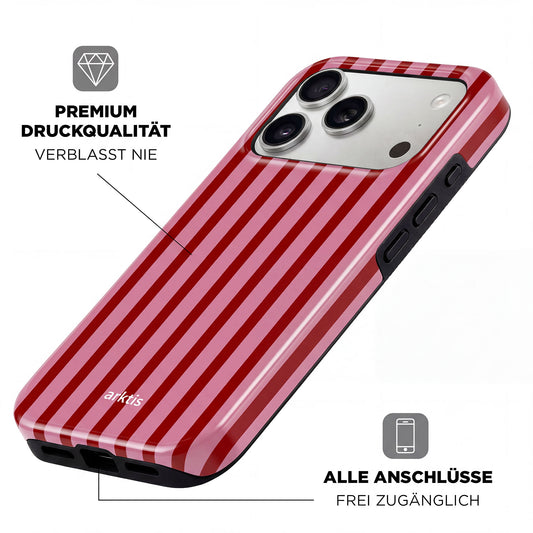 Die arktis iPhone 17 Pro Max Hülle - Stripes zeichnet sich durch rote und pinke Streifen, präzise Ausschnitte für Anschlüsse und Tasten, deutsche Qualitätsbeschriftung, stoßabsorbierendes TPU-Silikon und MagSafe-Kompatibilität für optimalen Schutz und Komfort aus.