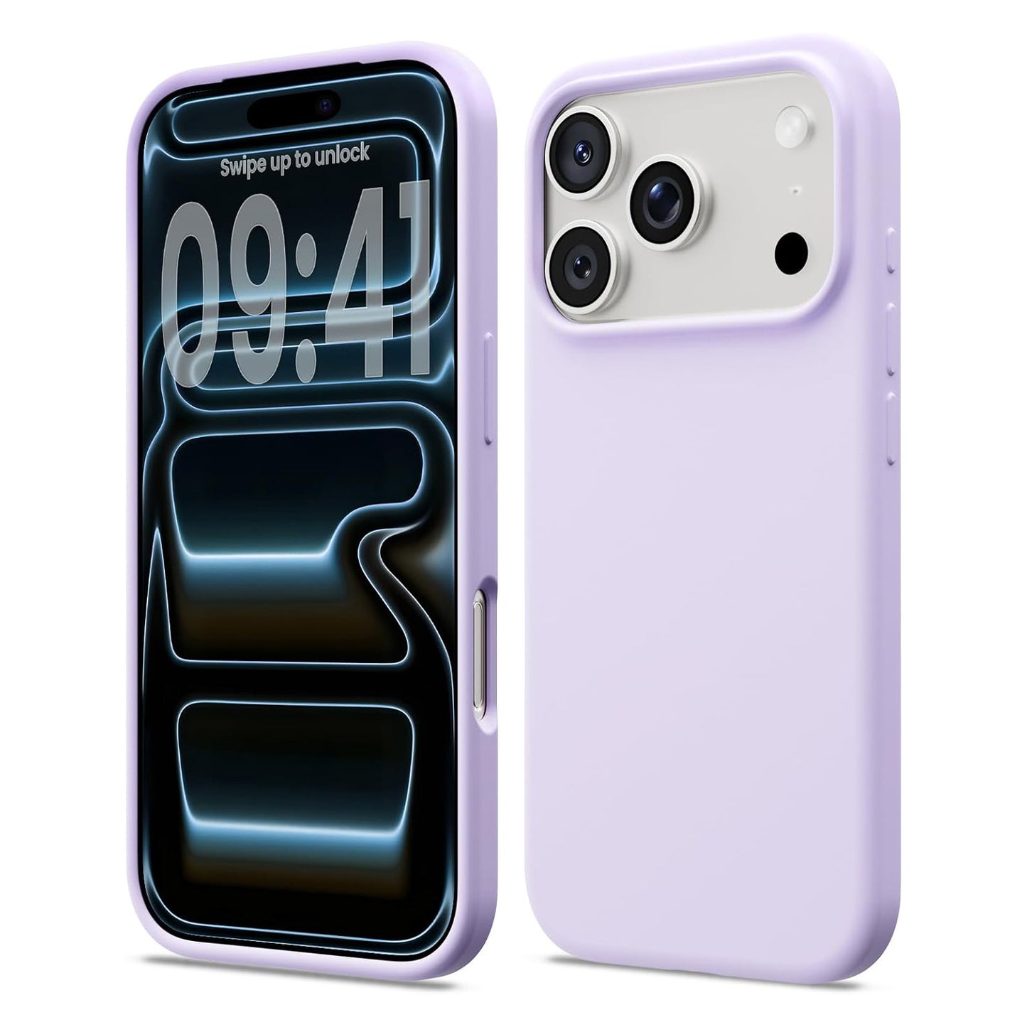 Das arktis iPhone 17 Pro Max Silikon Case in Lila deckt das Telefon ab, zeigt das Display auf der Vorderseite und die Rückseite mit den drei Linsen und ist kompatibel mit kabellosem Laden.