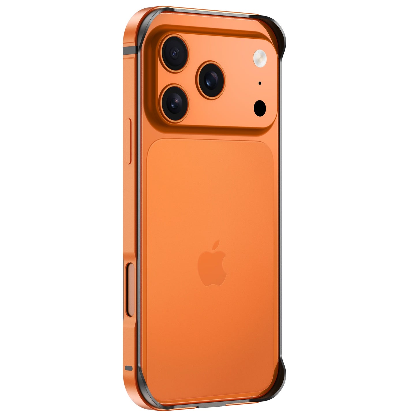 Der arktis iPhone 17 Pro Bumper von arktis in schwarz aus Aluminium-TPU-Silikon ist auf einem orangefarbenen iPhone 17 Pro mit Triple-Kamera abgebildet, leicht schräg von hinten betrachtet.