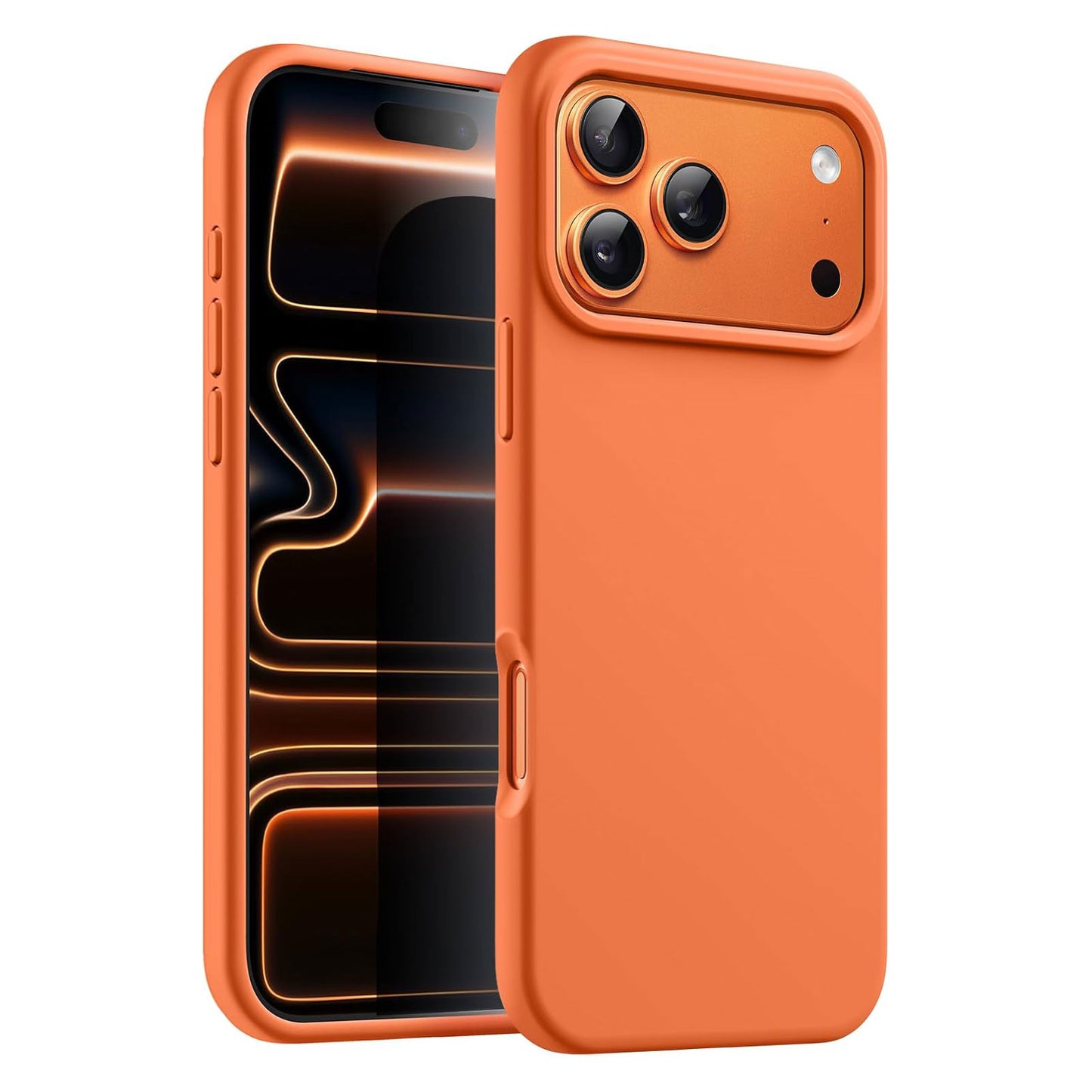 Die arktis iPhone 17 Pro Max Silikon Case in Orange überzeugt mit abgerundeten Kanten, schützt die drei Rückkameras und ist mit kabellosem Laden kompatibel.