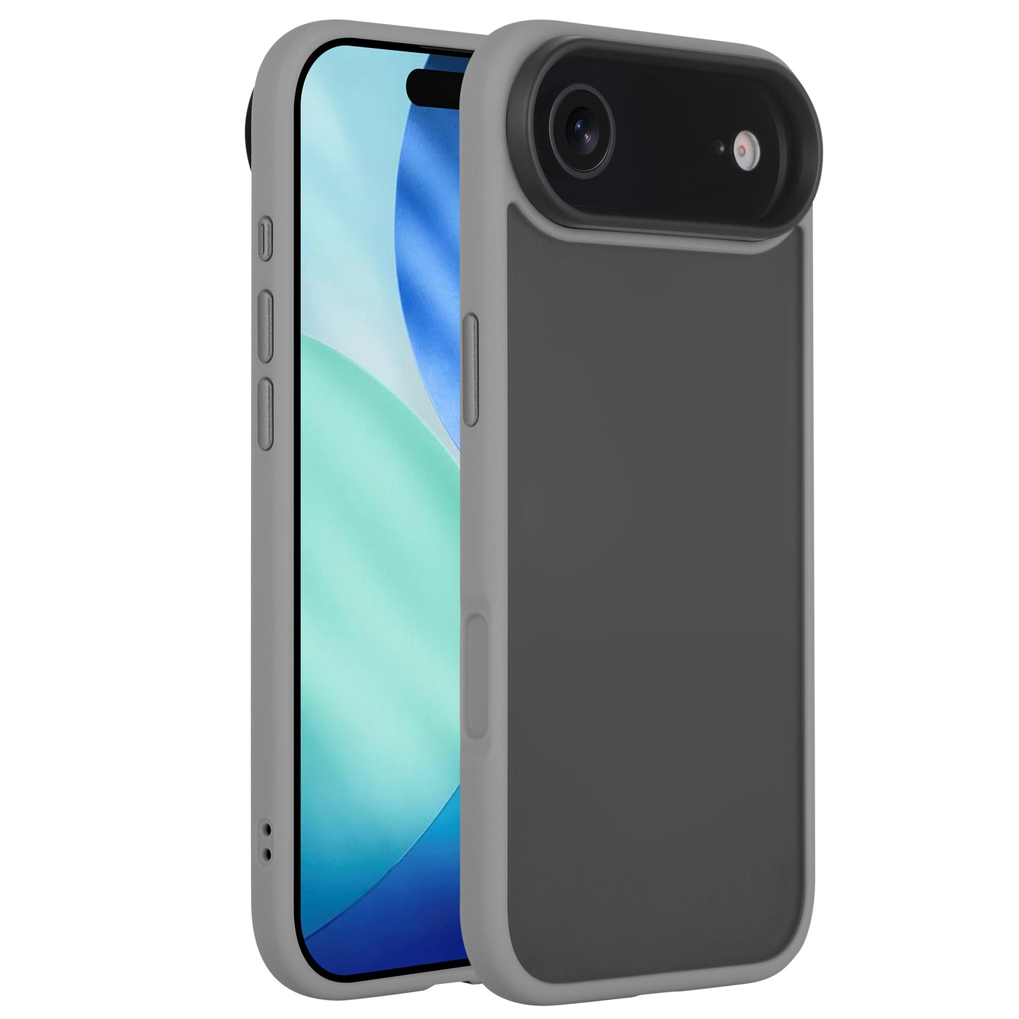 Das Arktis iPhone 17 Air Solid Case von Arktis ist in mattem Grau gehalten und hebt den erweiterten Kamerabuckel hervor, wobei sowohl die Vorder- als auch die Rückseite zu sehen sind.