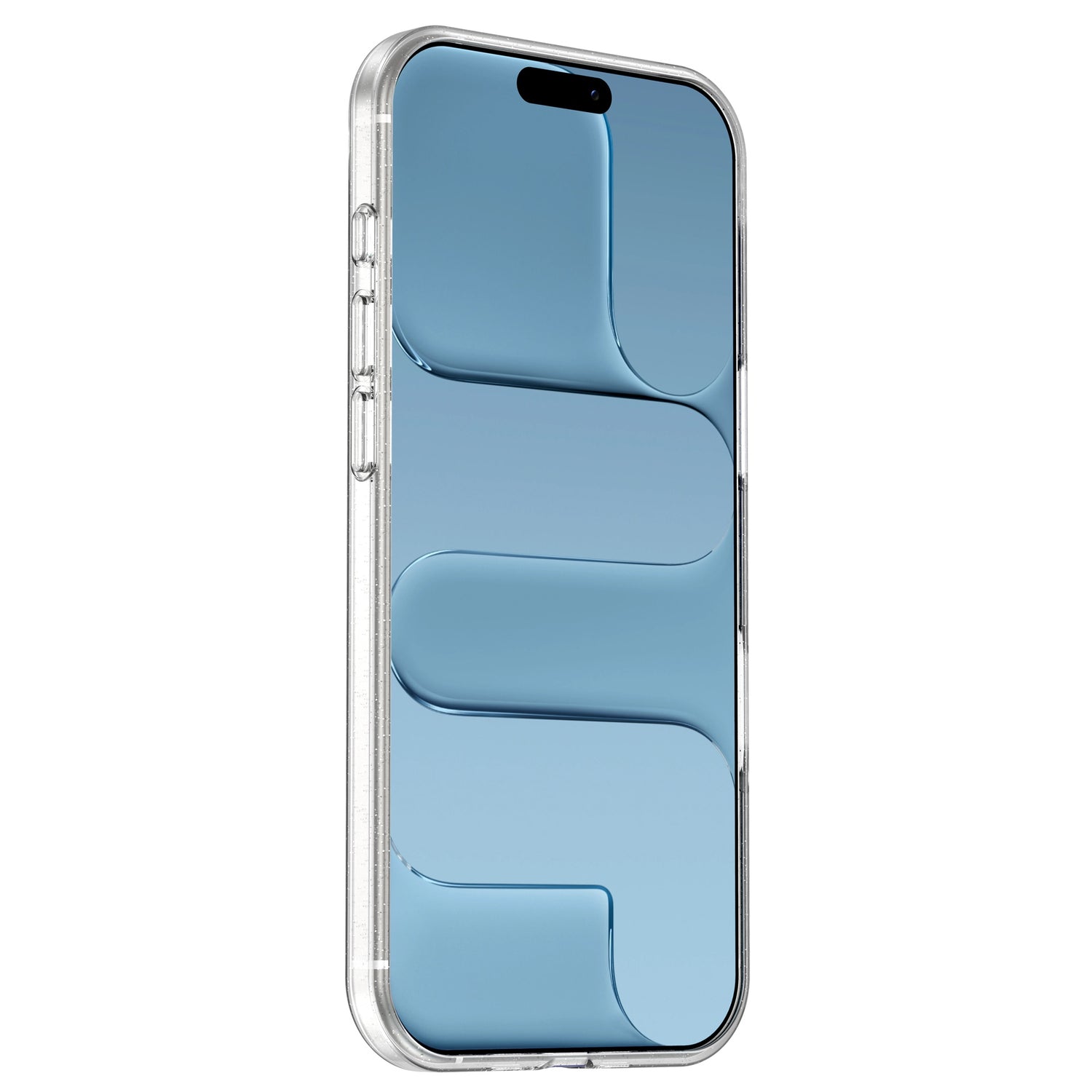 Das arktis iPhone Air Glitter Case von arktis ist auf einem Smartphone mit einem blauen abstrakten Design auf dem Bildschirm abgebildet und umfasst sowohl ein TPU Silikon Case als auch ein transparentes Case, aus einem leichten Winkel betrachtet.