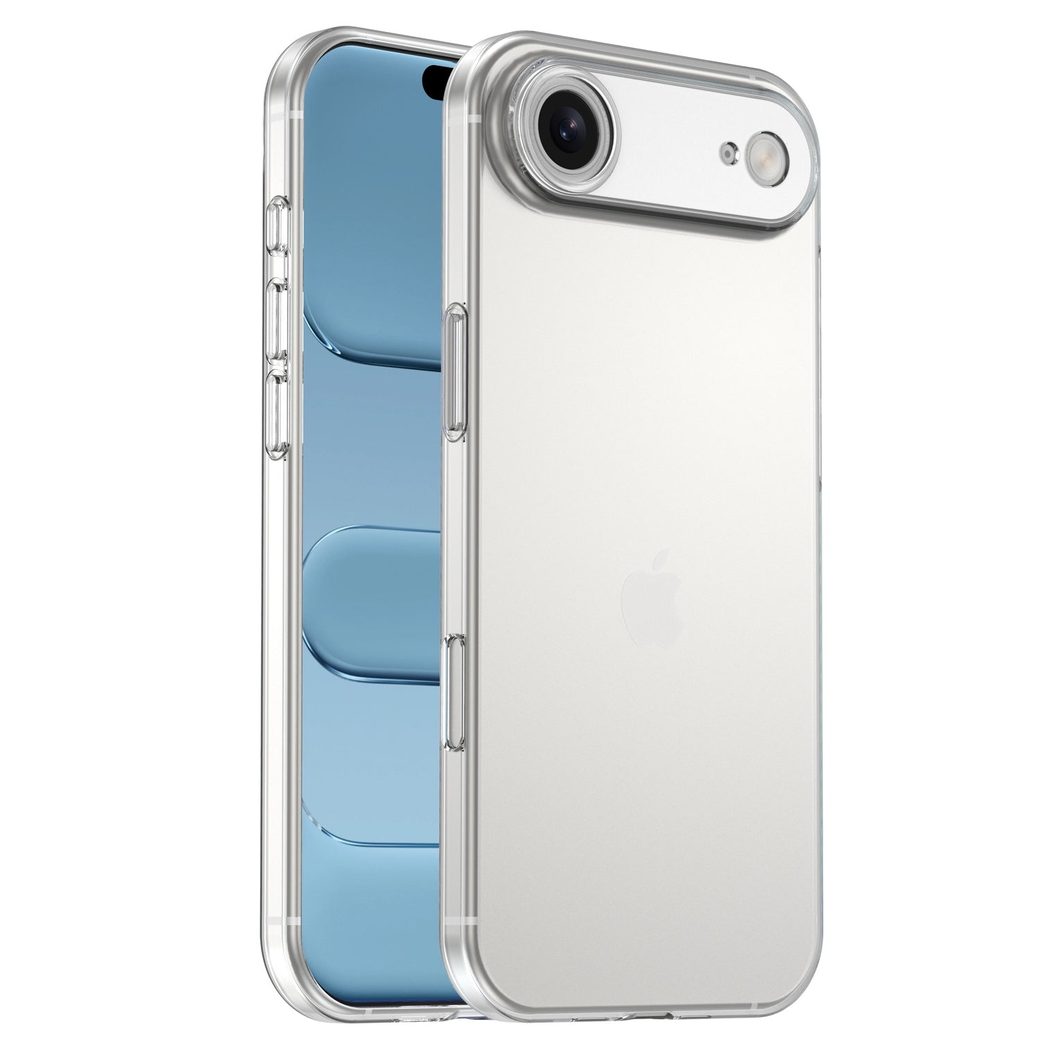 Zwei silberne iPhones im arktis iPhone Air Invisible Case - eines zeigt die Rückkamera, das andere den blauen Bildschirm. Die stoßfeste TPU-Hülle von arktis schützt stilvoll und erhält das originale Design sichtbar.