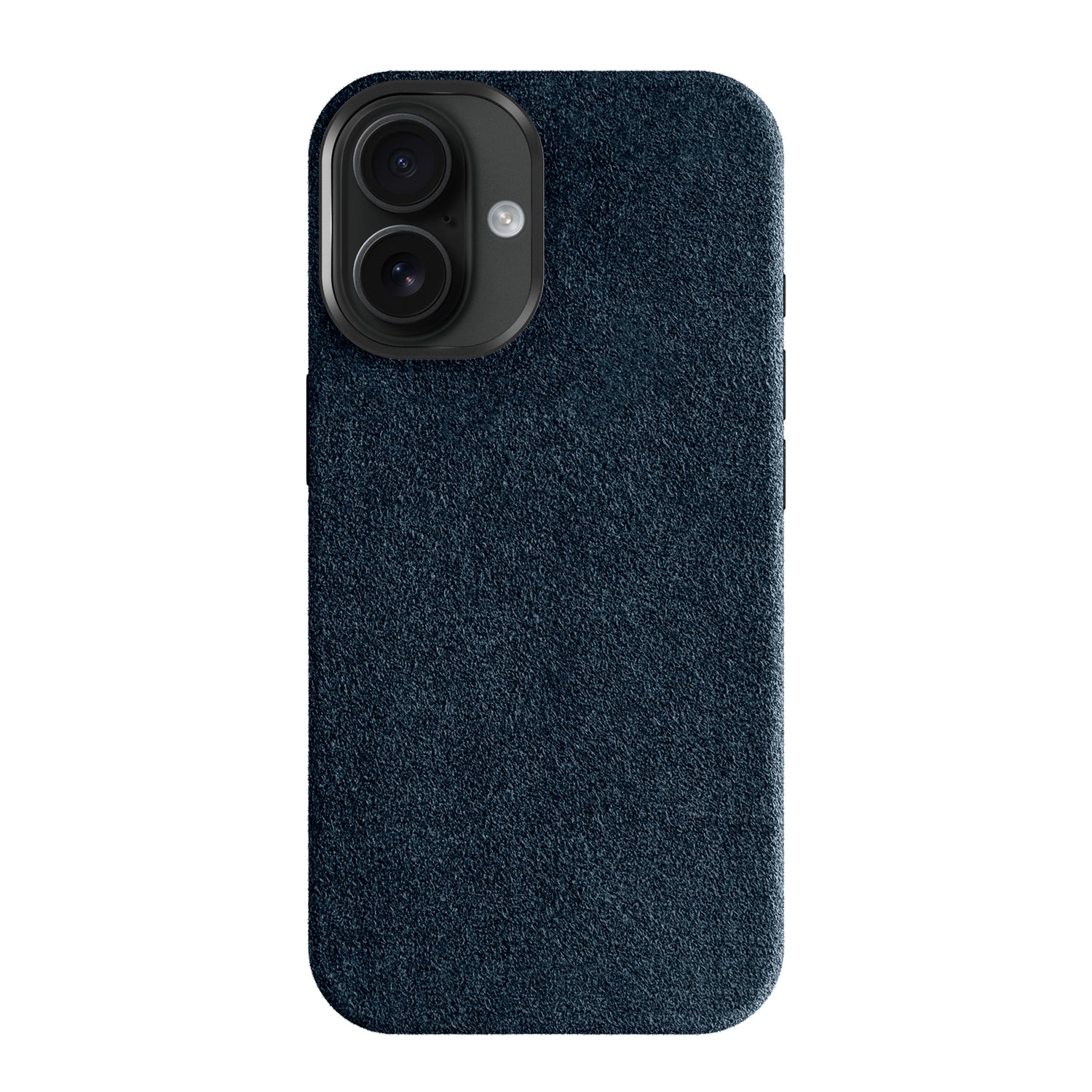 Die arktis iPhone Air Hülle aus Alcantara, ein marineblaues, strukturiertes Hardcase mit doppelter Kameraaussparung, wird auf weißem Hintergrund präsentiert.