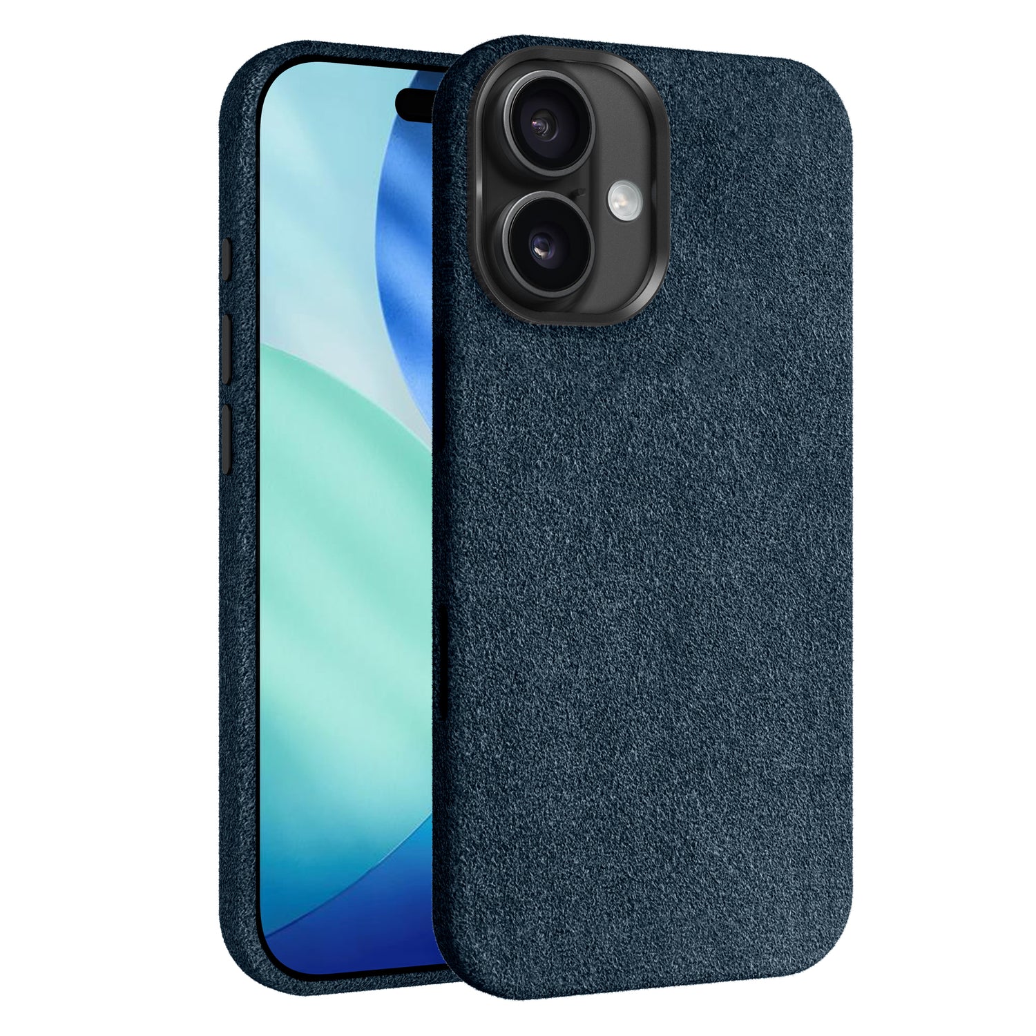 Die arktis iPhone Air Hülle aus Alcantara von arktis ist ein blau strukturiertes Hardcase für das iPhone 17 Air, abgebildet von der Vorder- und Rückseite mit einem grün-blauen Bildschirmhintergrund, und bietet stilvollen Schutz aus hochwertigem Alcantara-Material.