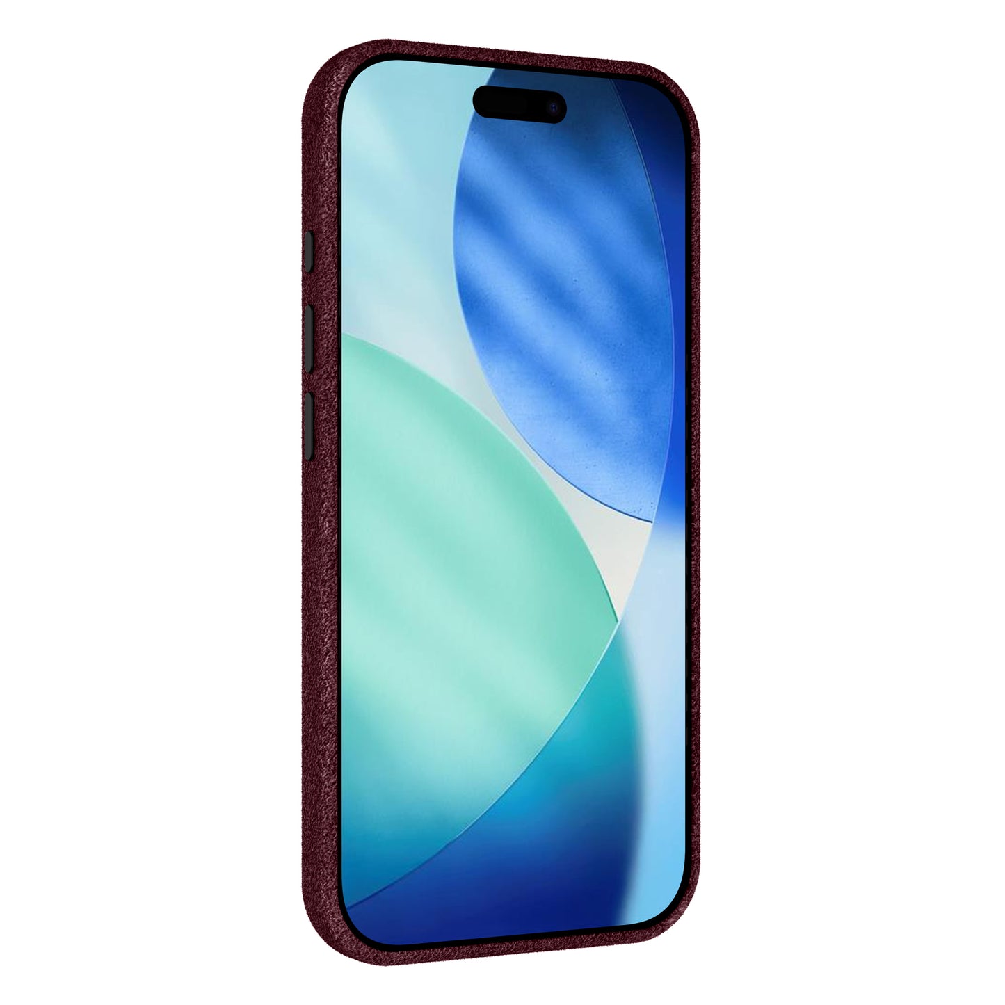Die arktis iPhone 16 Pro Hülle aus Alcantara von arktis wird schräg gezeigt, mit einer dunkelroten Alcantara-Hülle und einem blauen abstrakten Hintergrundbild auf dem Smartphone.
