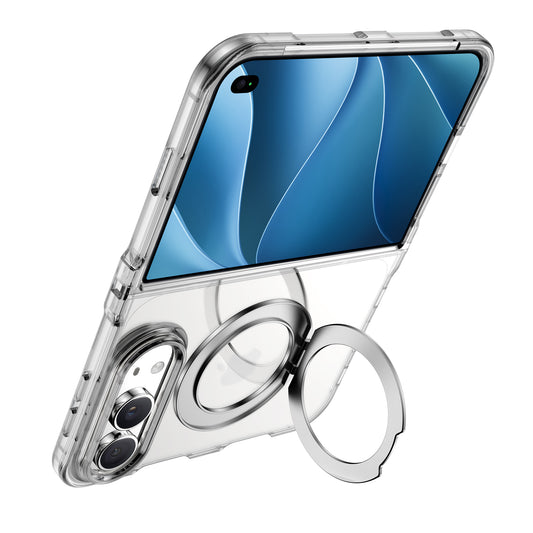 Arktis iPhone Duo Case Crystal Loop – transparente, stoßfeste Hülle mit Metallring-Ständer, MagSafe-kompatibel, von arktis; abgebildet auf einem Smartphone mit Dual-Kamera und blauem Display.