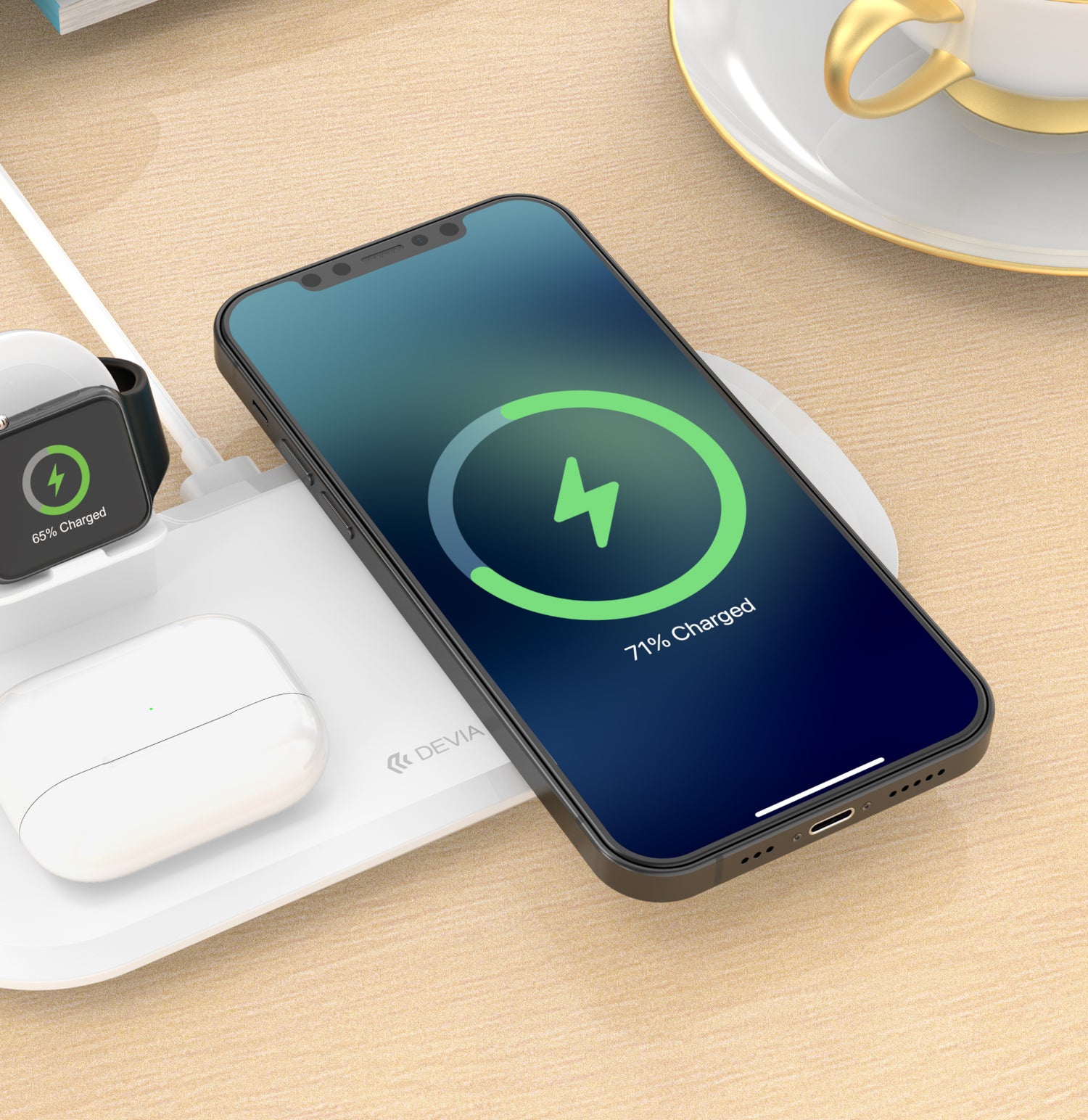 Ein Smartphone wird drahtlos mit 71 % Akku geladen, neben einer Smartwatch und Ohrhörern auf einem weißen Ladegerät.