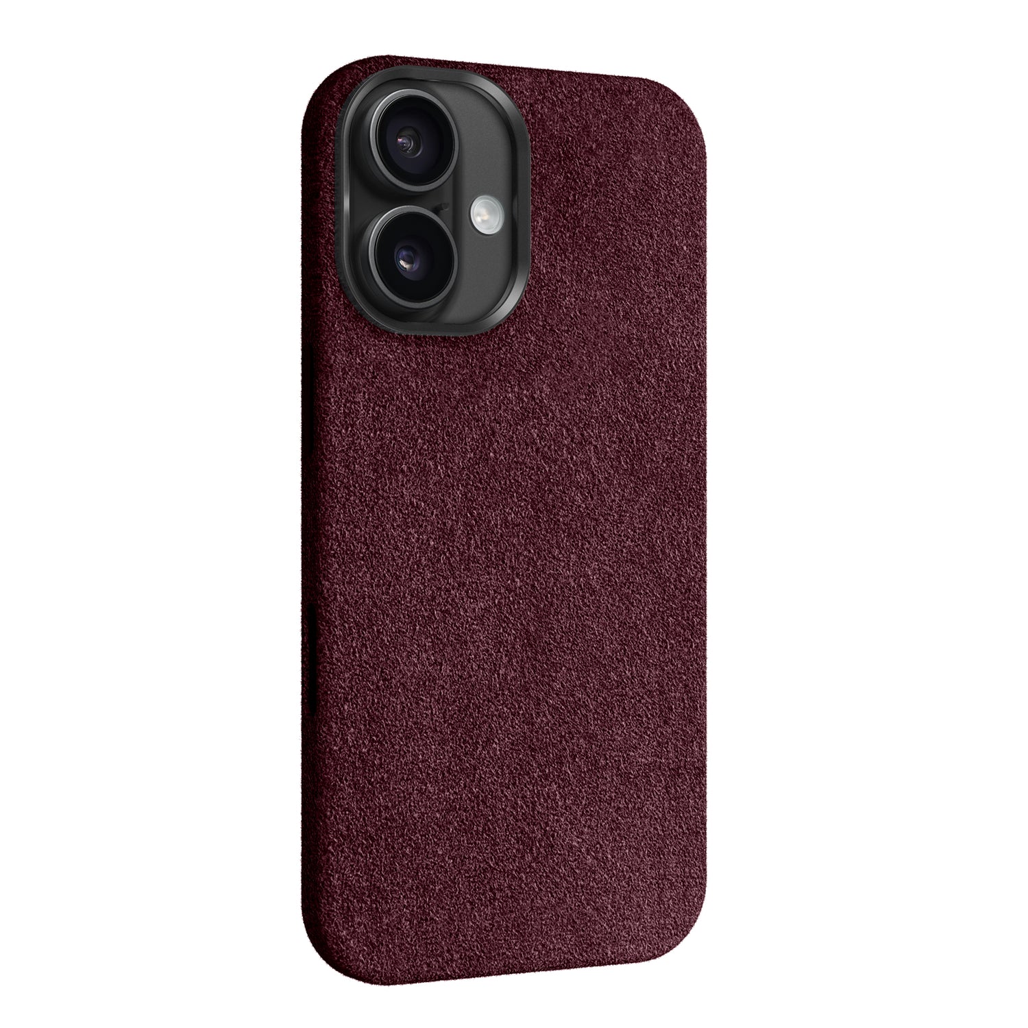 Die arktis iPhone Air Hülle aus Alcantara von arktis ist ein strukturiertes, dunkelkastanienbraunes Hardcase für iPhones mit zwei rückwärtigen Kameras und einem Blitz.