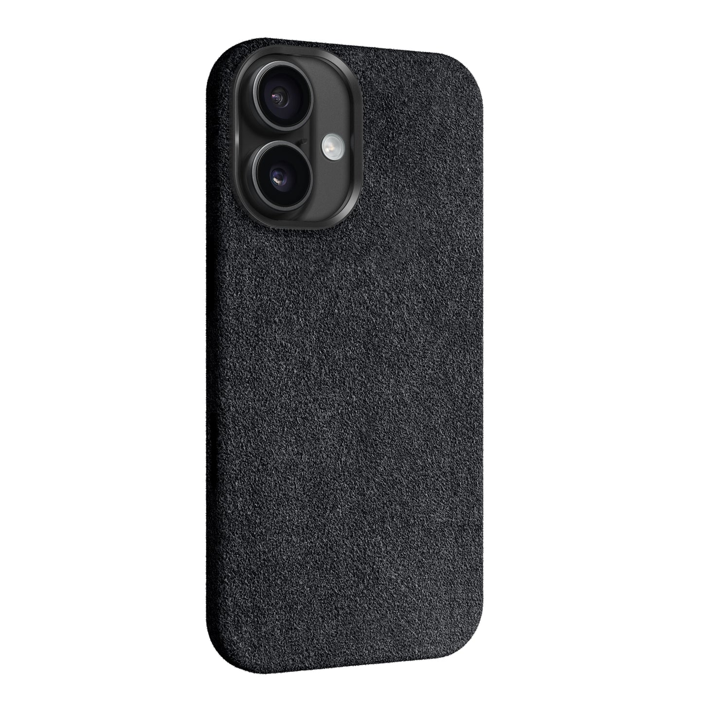 Die arktis iPhone Air Hülle aus Alcantara von arktis ist ein schwarzes, strukturiertes Hardcase mit doppeltem Kameraausschnitt, entworfen für das iPhone 17, abgebildet auf weißem Hintergrund.