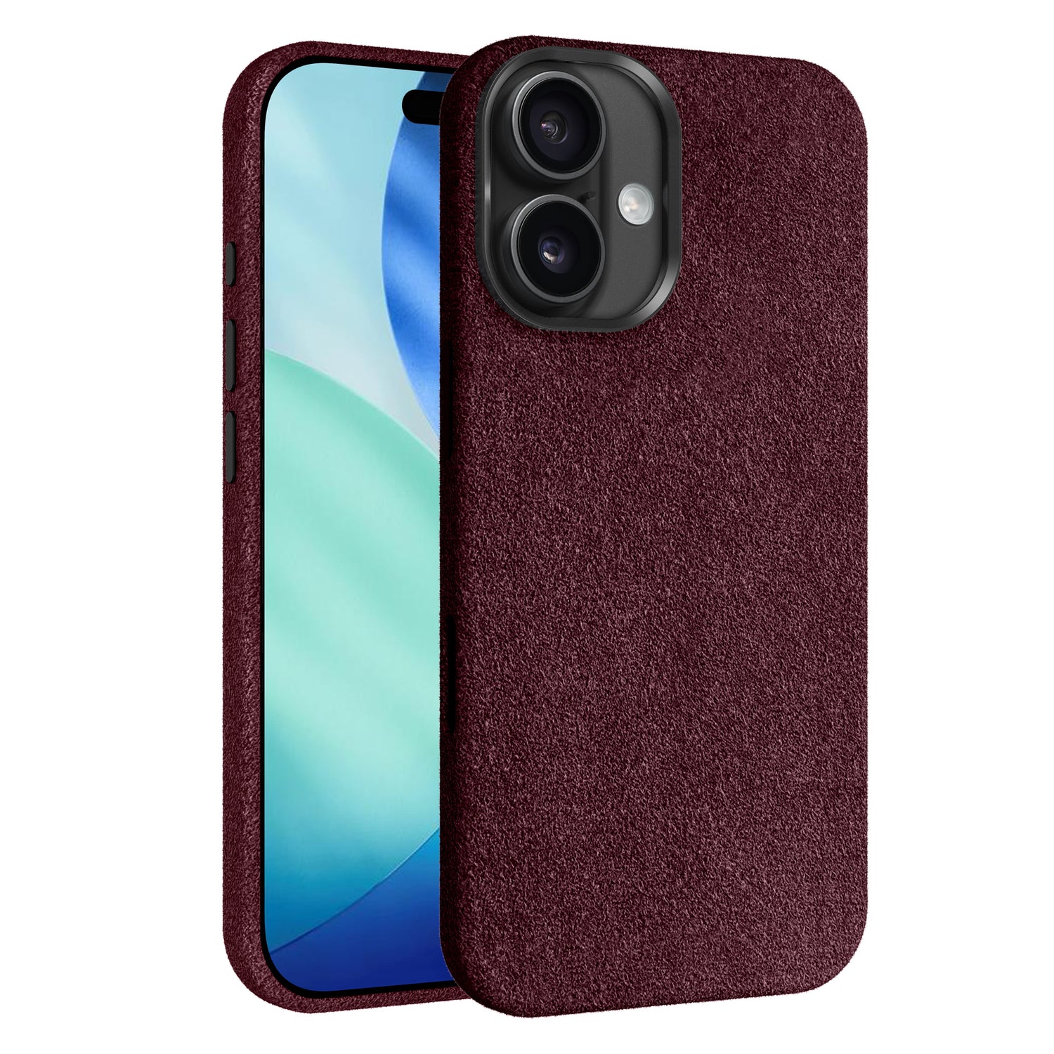 Die arktis iPhone Air Hülle aus Alcantara von arktis, abgebildet in bordeauxfarbenem Wildleder, umhüllt ein Smartphone mit buntem Bildschirm und ist sowohl von vorne als auch von hinten abgebildet.