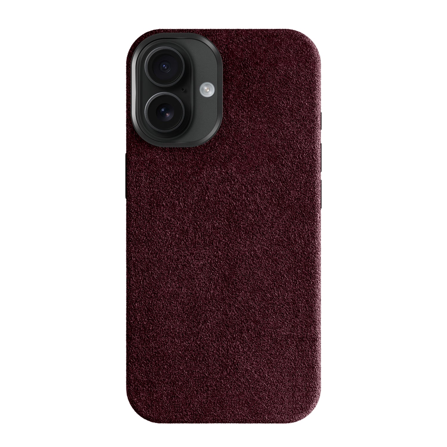 Die arktis iPhone Air Hülle aus Alcantara von arktis zeichnet sich durch eine bordeauxfarbene Wildlederoberfläche, einen doppelten Kameraausschnitt und eine hochwertige Alcantara-Optik aus, die auf einem weißen Hintergrund dargestellt ist.
