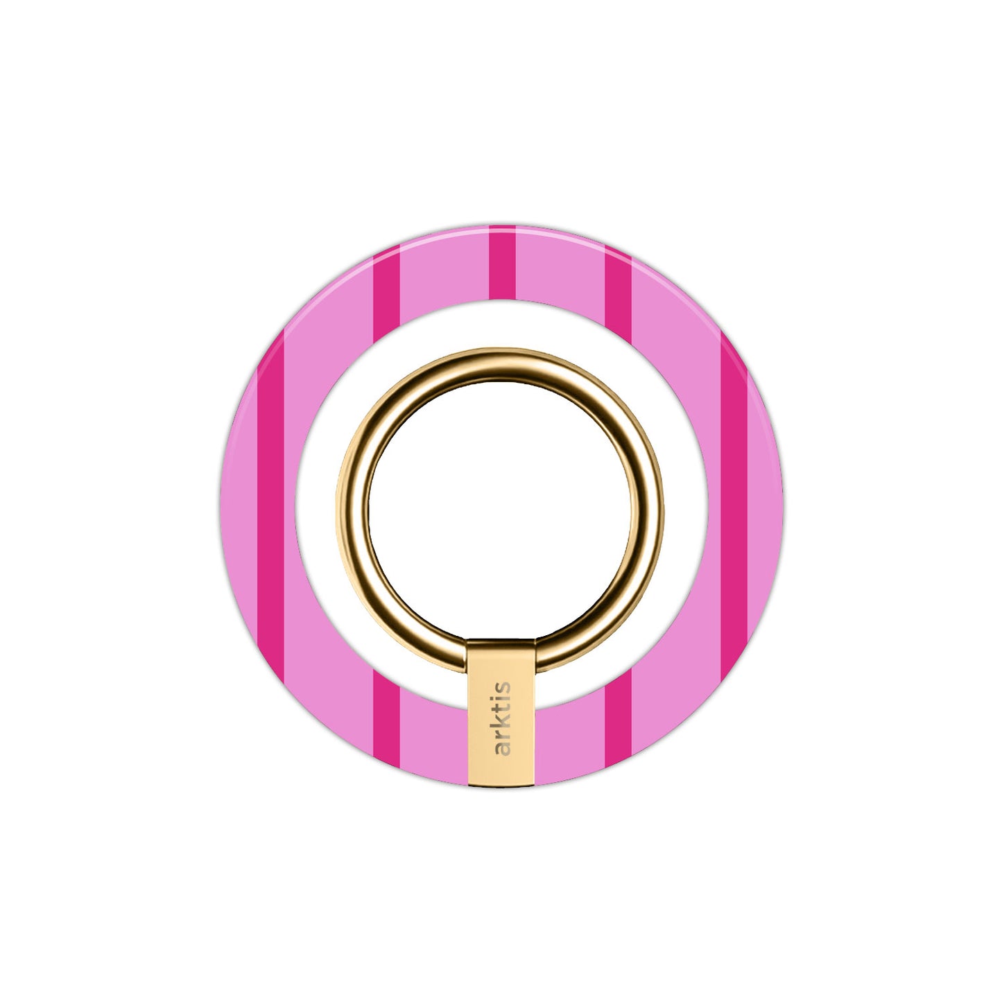 Der Magnetische Ringhalter für MagSafe - Lady Stripes von arktis ist ein rundes, rosa gestreiftes iPhone Zubehör mit einem goldenen Ring und N52 Magneten für einen sicheren Halt, sowie einem arktis Label an der Basis.