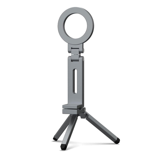 Die arktis iPhone MagSafe Tripod 360 Halterung ist ein faltbares Stativ mit Ringlicht und 360° Halterung, ideal für MagSafe iPhones, abgebildet vor einem weißen Hintergrund.