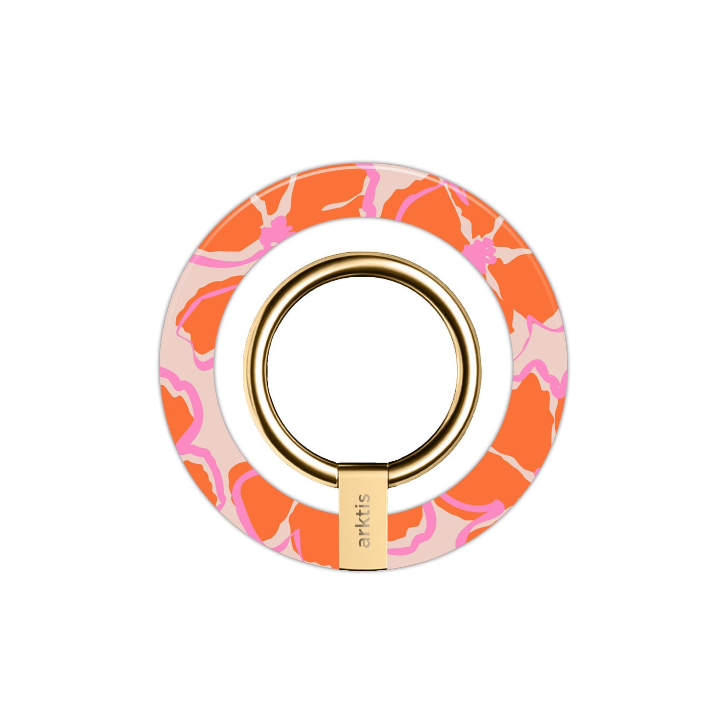 Der arktis Magnetischer Ringhalter für MagSafe - Orange Mallow zeichnet sich durch ein orange-rosa Blumendesign, einen goldenen Ring und ein "Artist"-Label aus. Ausgestattet mit N52-Magneten für sichere MagSafe-Kompatibilität - ideales iPhone-Zubehör.