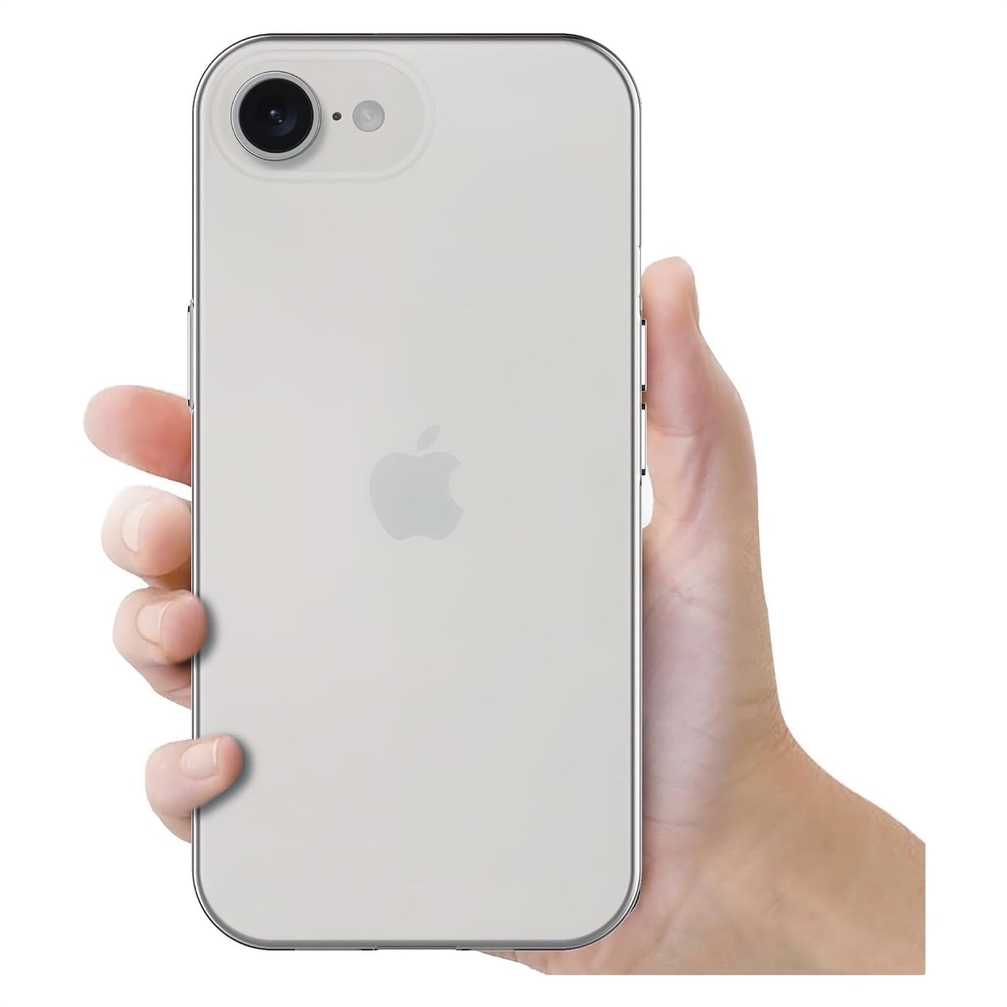 Eine Hand hält ein weißes iPhone mit einer einzelnen Rückkamera und dem Apple-Logo, geschützt durch das arktis iPhone 16e Zero Case – ein ultradünnes, stoßfestes TPU-Silikon-Case von arktis – vor einem schlichten weißen Hintergrund.