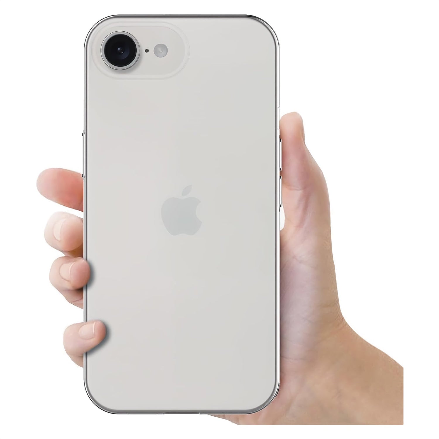 Eine Hand hält ein weißes iPhone mit einer einzelnen Rückkamera und dem Apple-Logo, geschützt durch das arktis iPhone 16e Zero Case – ein ultradünnes, stoßfestes TPU-Silikon-Case von arktis – vor einem schlichten weißen Hintergrund.
