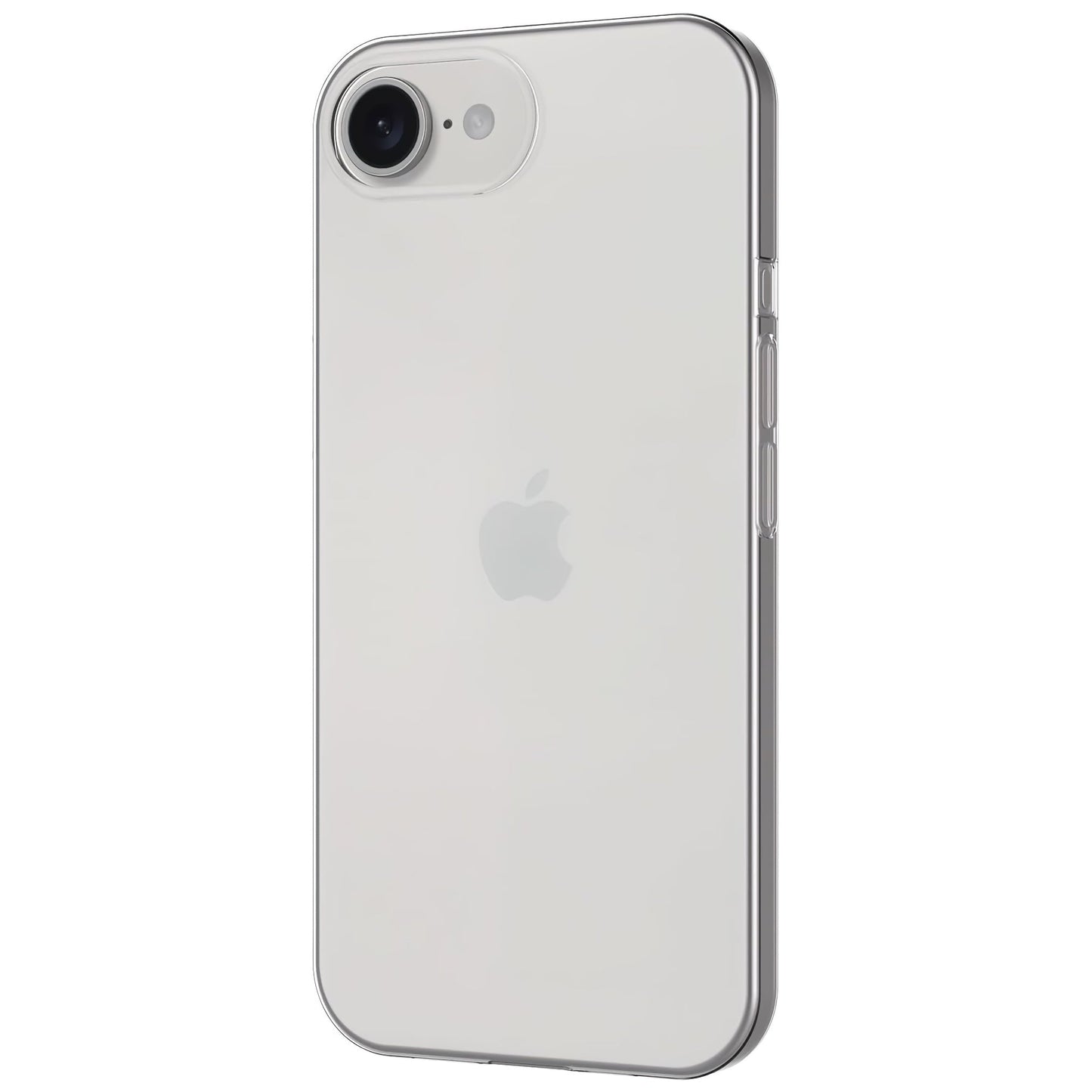 Das arktis iPhone 16e Zero Case, eine ultradünne, durchsichtige TPU-Silikonhülle von arktis, passt auf ein weißes iPhone mit Apple-Logo und zeigt die Kamera und den Blitz oben links und die Seitentasten rechts vor einem schlichten weißen Hintergrund.